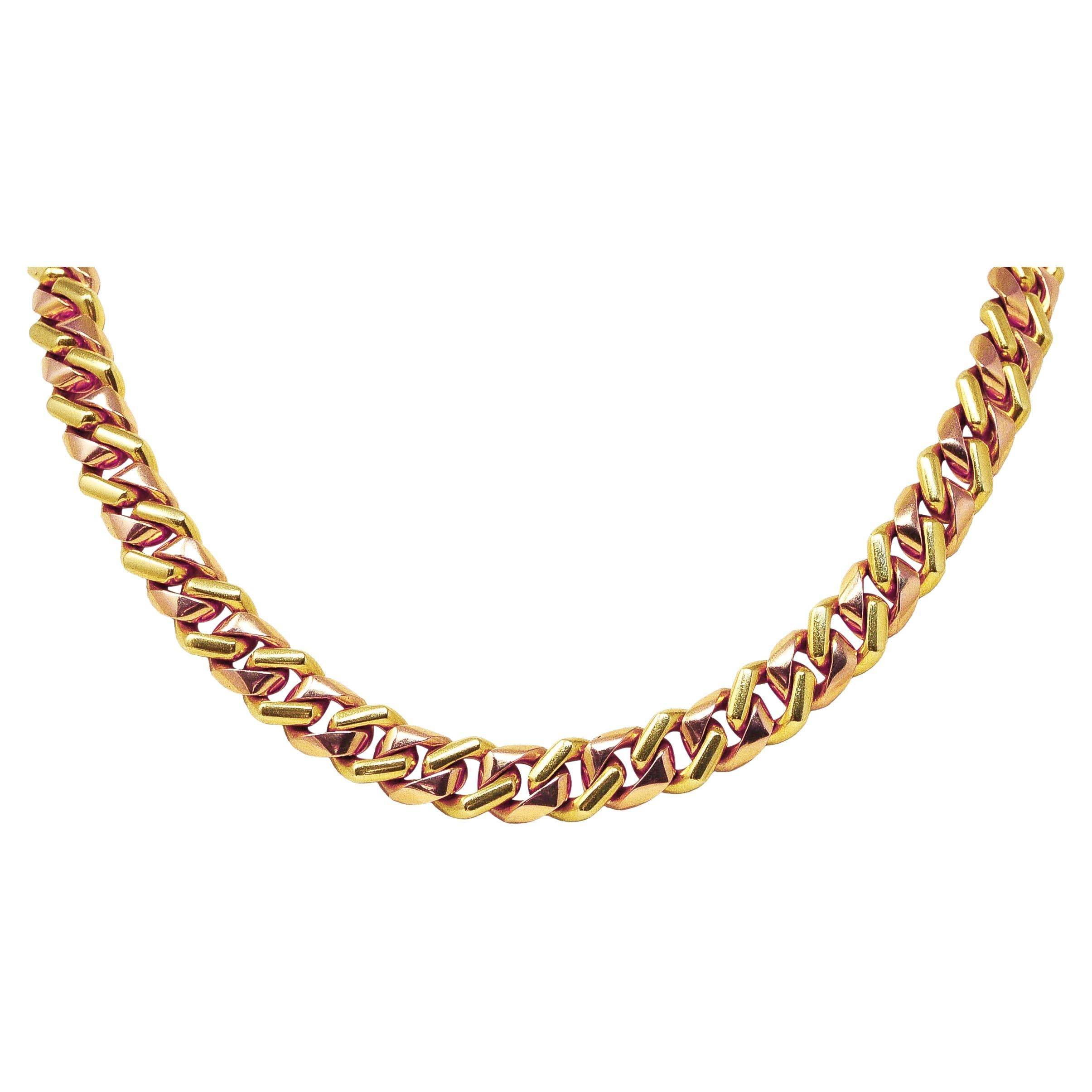 Bulgari 18 Karat Two-Tone Gold Square Curb Link Chain Vintage Necklace