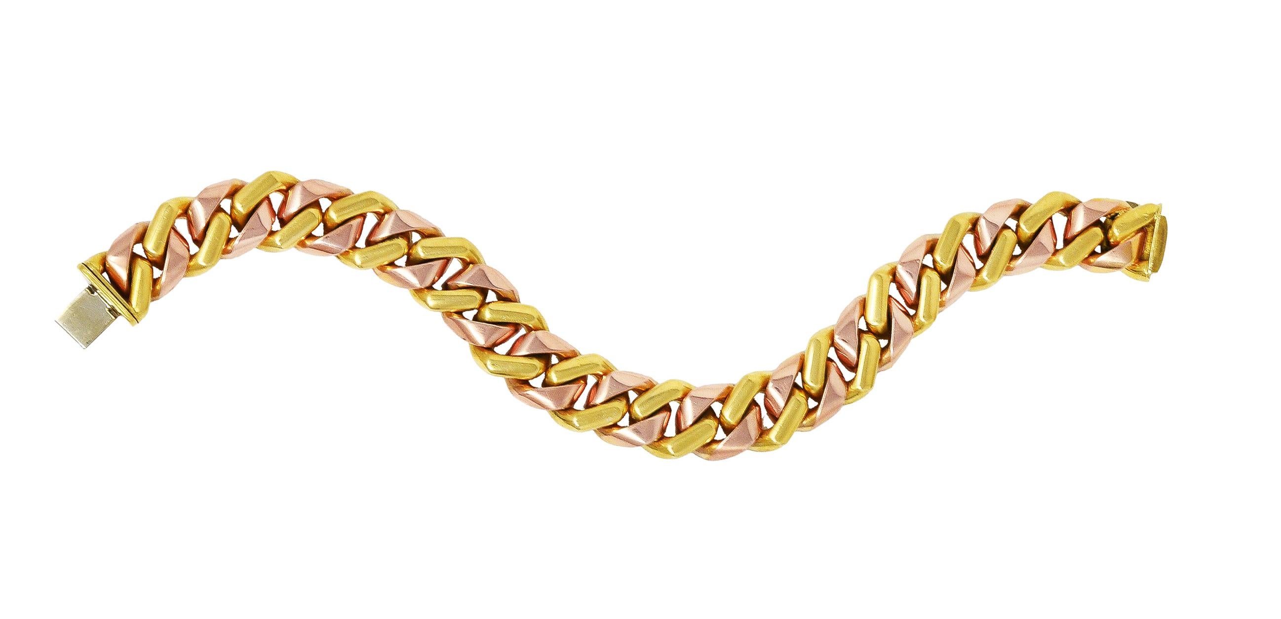 Bulgari 18 Karat Two-Tone Rose Yellow Gold Curb Link Chain Bracelet 7