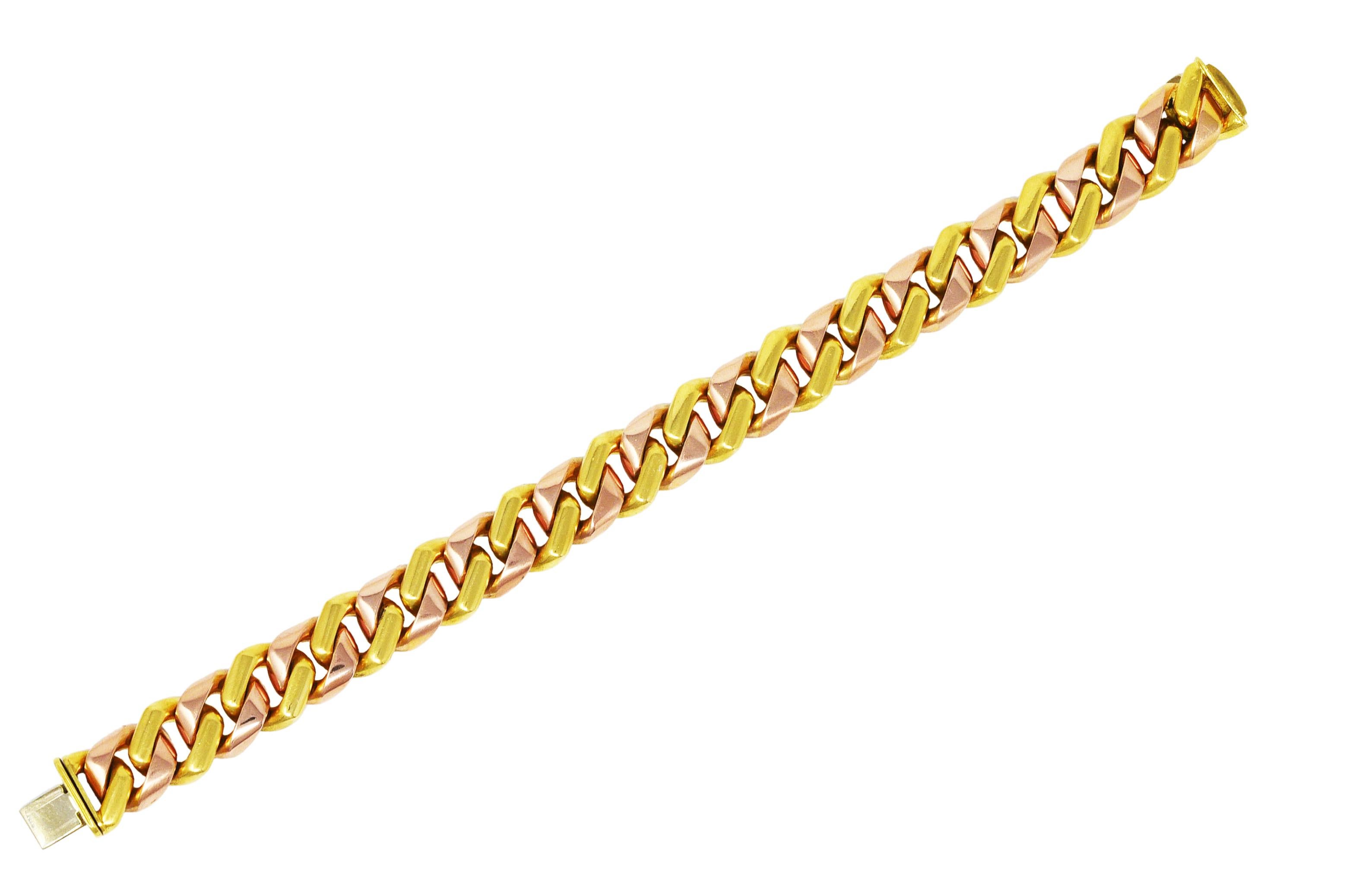 Bracelet is designed as curb link chain with alternating rose and yellow gold links. Completed by hidden clasp with hinged safety. Stamped 750 for 18 karat gold. Fully signed with Italian assay marks for Bvlgari, Italy. Circa: 1980's. Bracelet size:
