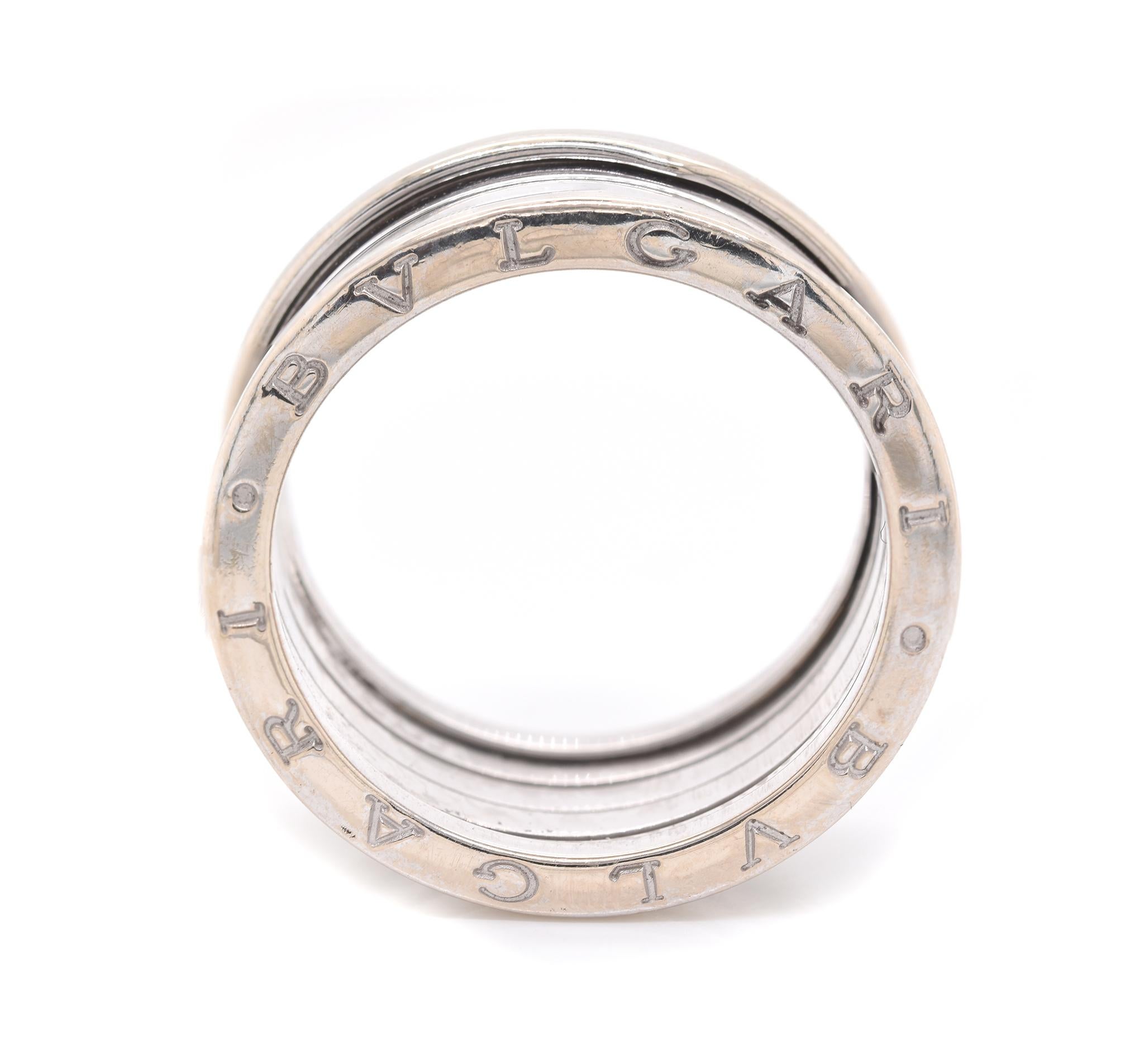 Designer: Bulgari
Material: 18K white gold
Dimensions: ring measures 11.25mm wide
Size: 11
Weight: 13.95 grams
