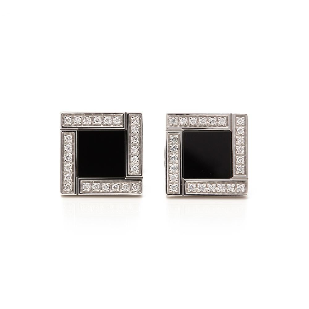 Bulgari 18 Karat White Gold Black Onyx & Round Cut Diamond Quadrato Cufflinks