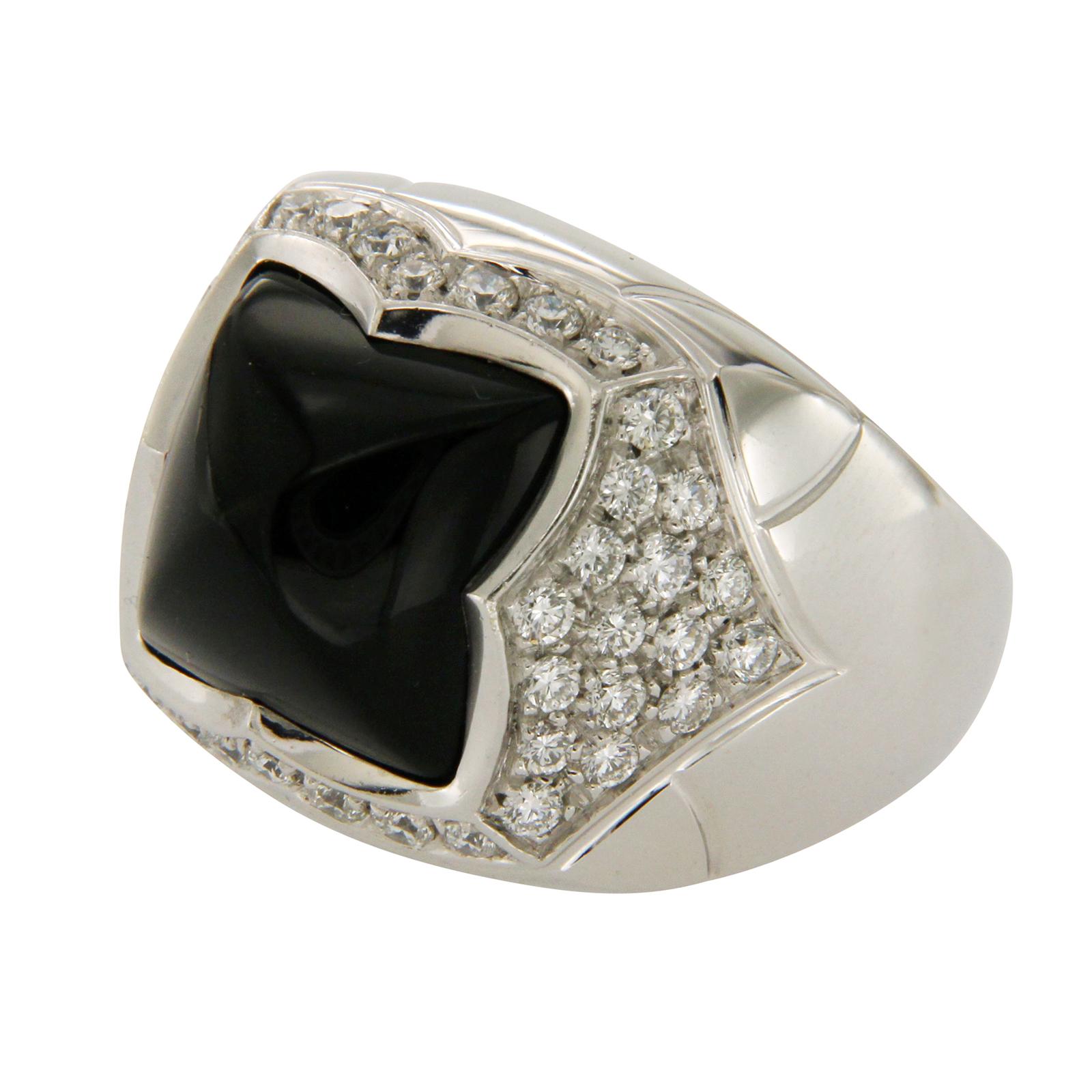 Men's Bulgari 18 Karat White Gold Diamond Black Onyx Pyramid Ring