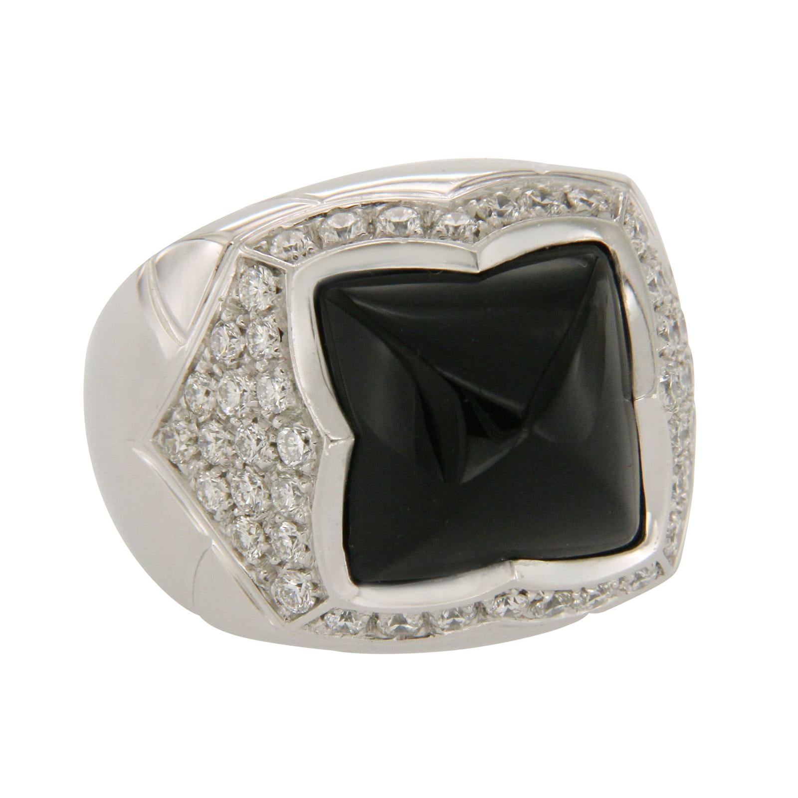 Bulgari 18 Karat White Gold Diamond Black Onyx Pyramid Ring 2