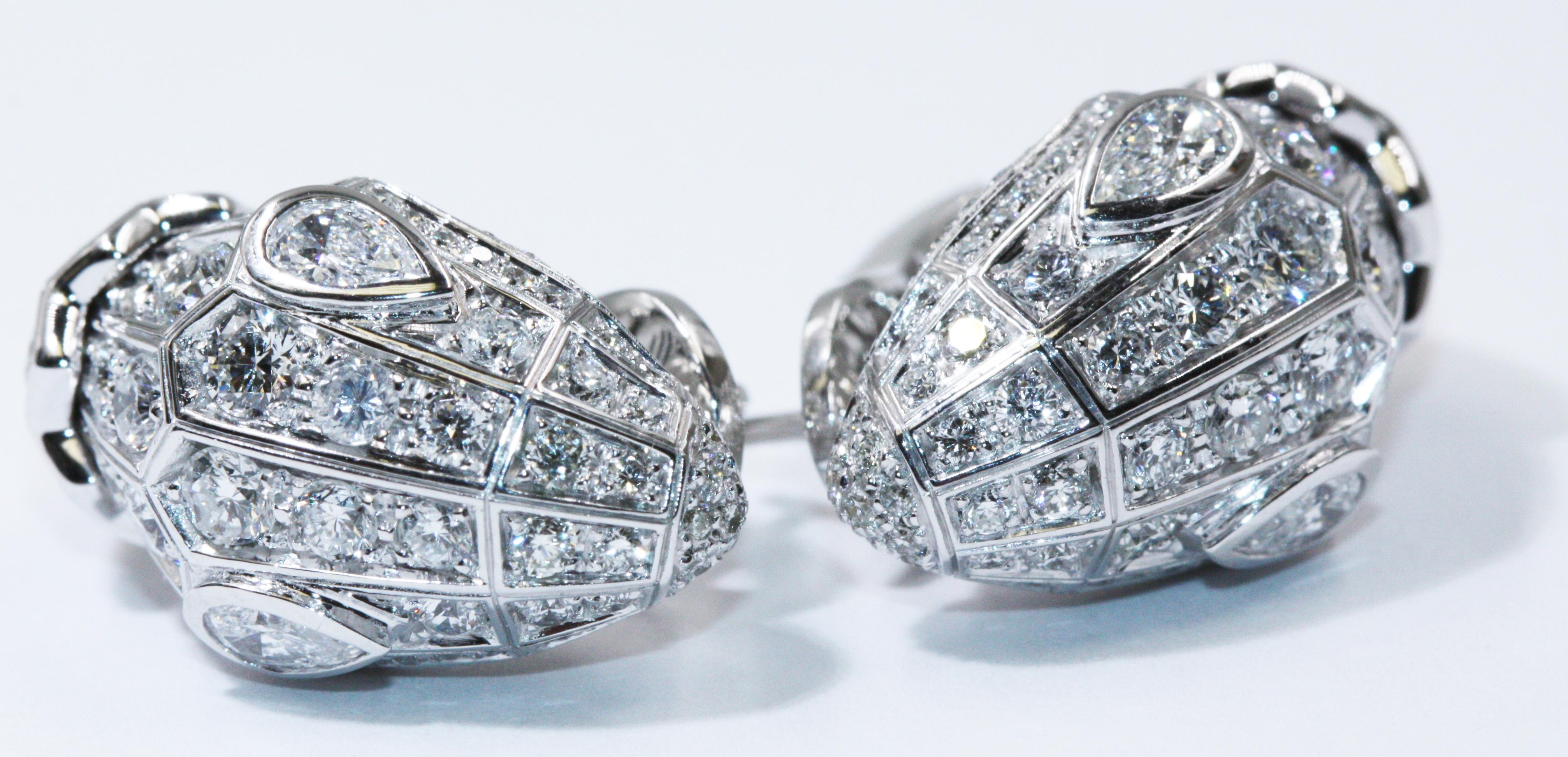 Bulgari 18k White Gold Serpenti Full Diamond Pave Earrings
Metal: 18K White Gold
Weight: Total Weight approximately 17 grams, Individual Earring Weight approximately 8.5 grams
Stones: Diamond
Signatures: Bulgari
Included Items: Box and
