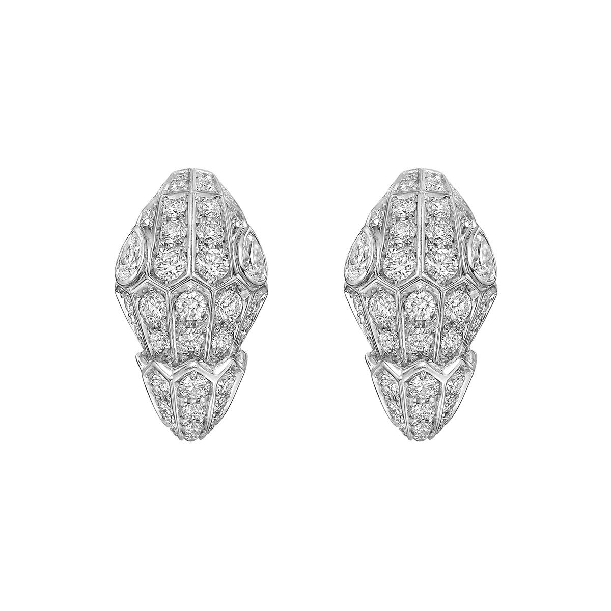 Bulgari 18 Karat White Gold Serpenti Full Diamond Pave Earrings For Sale