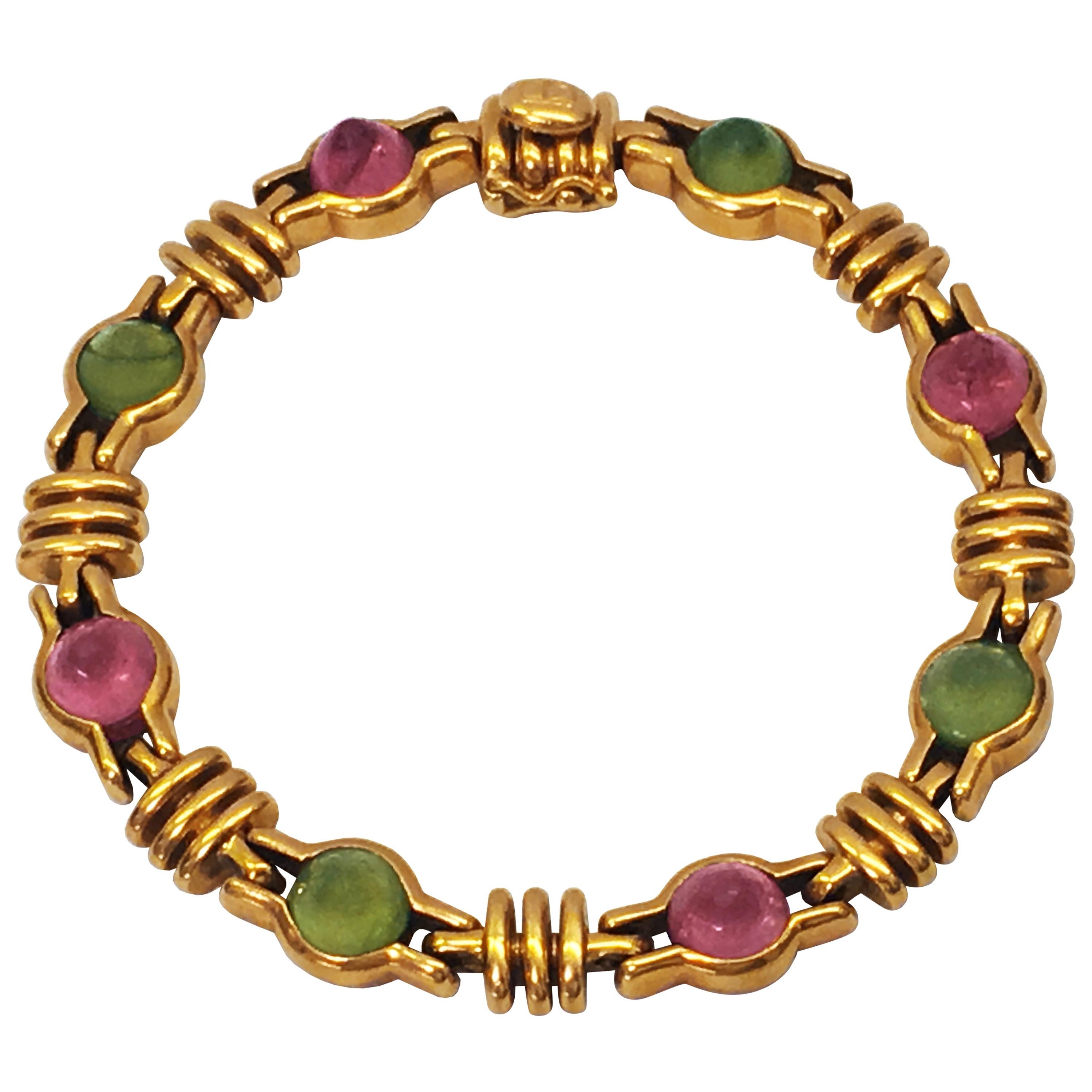 Bulgari 18 Karat Yellow Gold Bracelet with Peridots and Pink Tourmaline For Sale