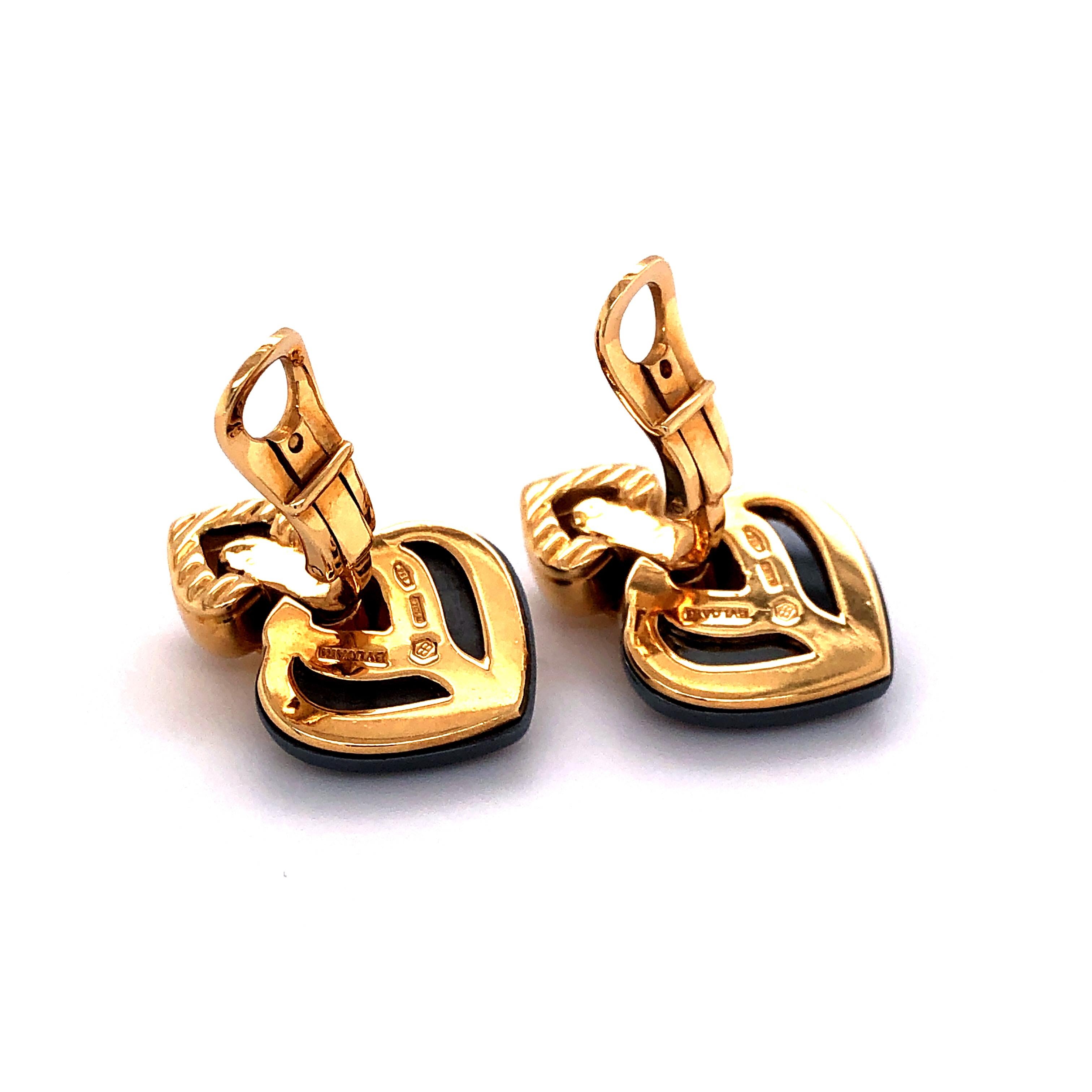 Bulgari 18 Karat Yellow Gold Double Heart Earrings with Hematite 1