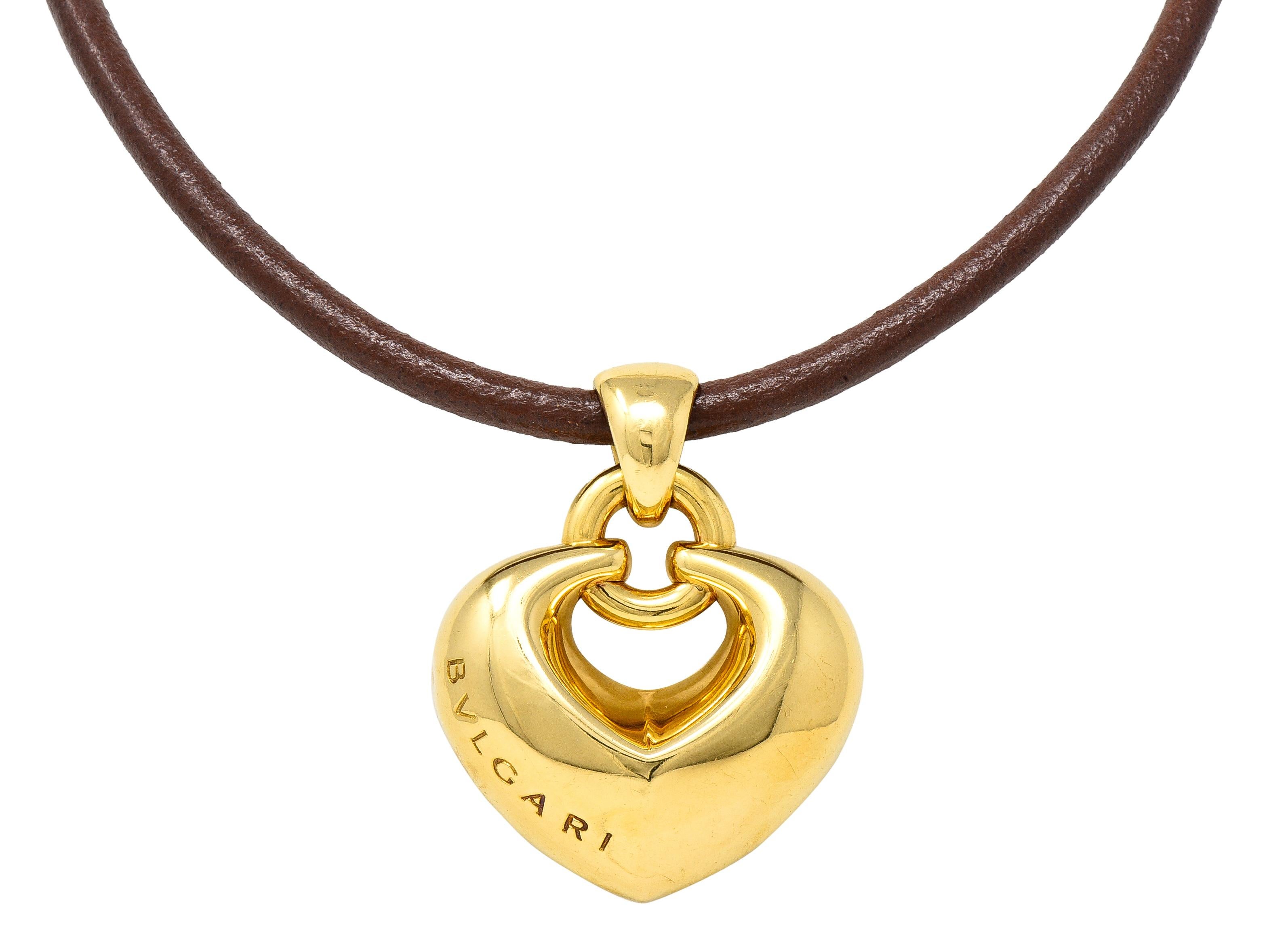 Bulgari 18 Karat Gelbgold Lederkordel-Doppio Cuore Puffed Heart Halskette 7