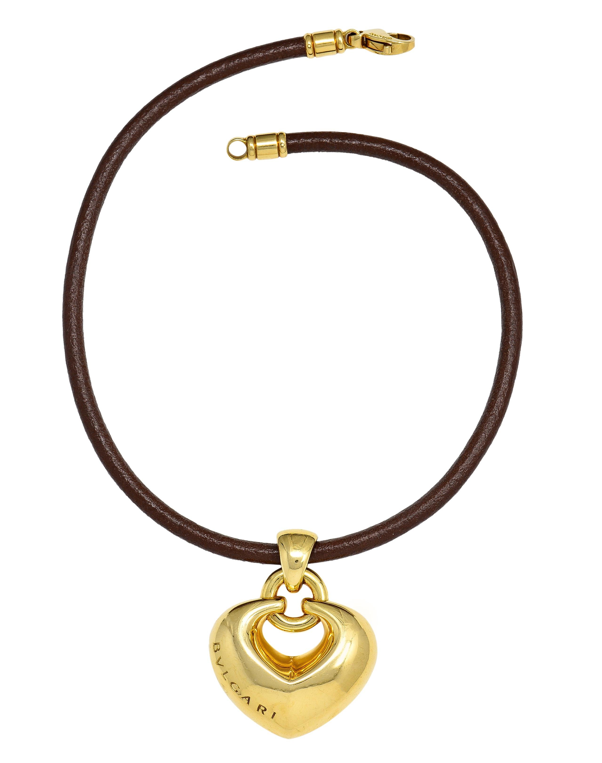 Bulgari 18 Karat Gelbgold Lederkordel-Doppio Cuore Puffed Heart Halskette 8