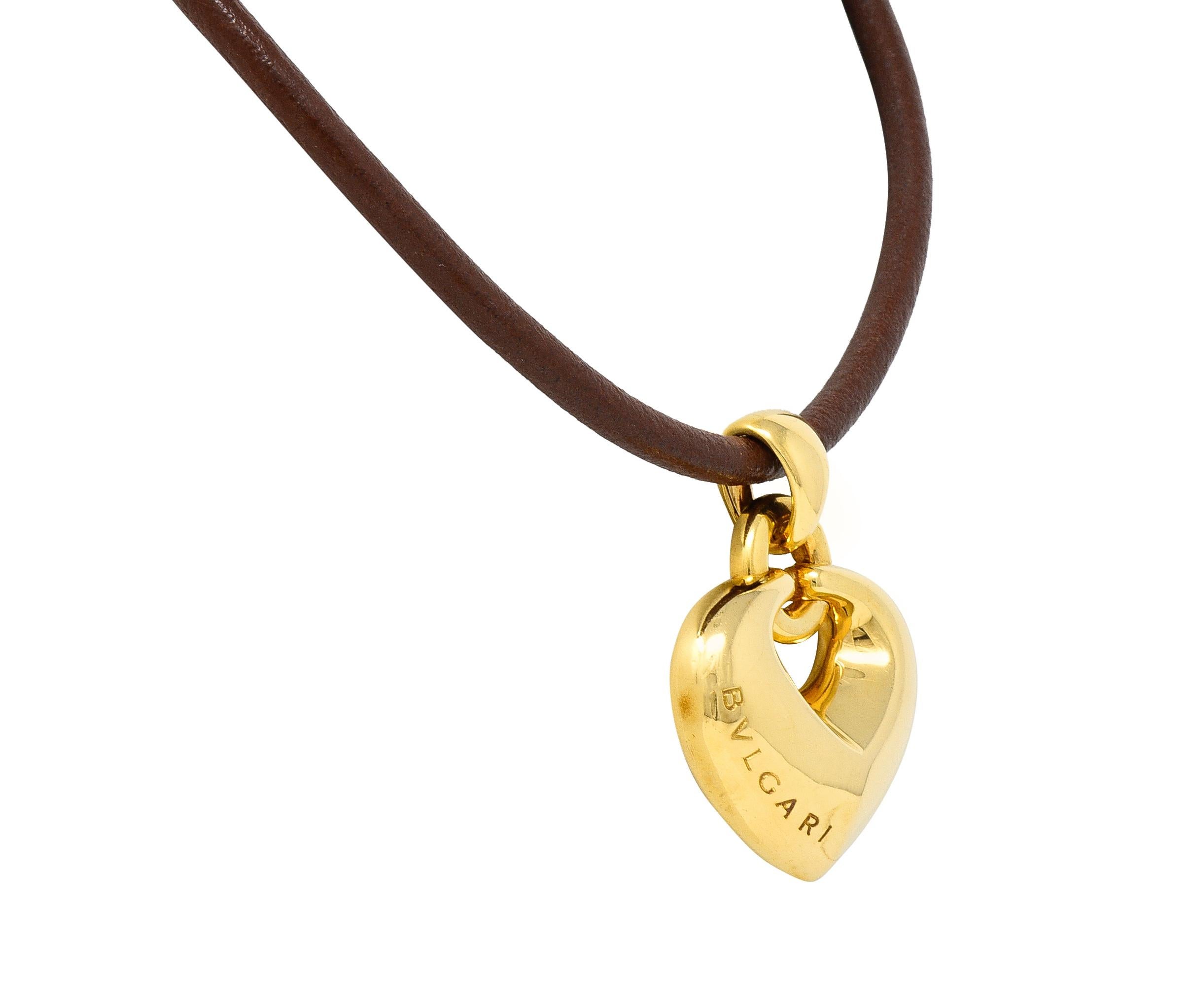 Bulgari 18 Karat Gelbgold Lederkordel-Doppio Cuore Puffed Heart Halskette (Zeitgenössisch)