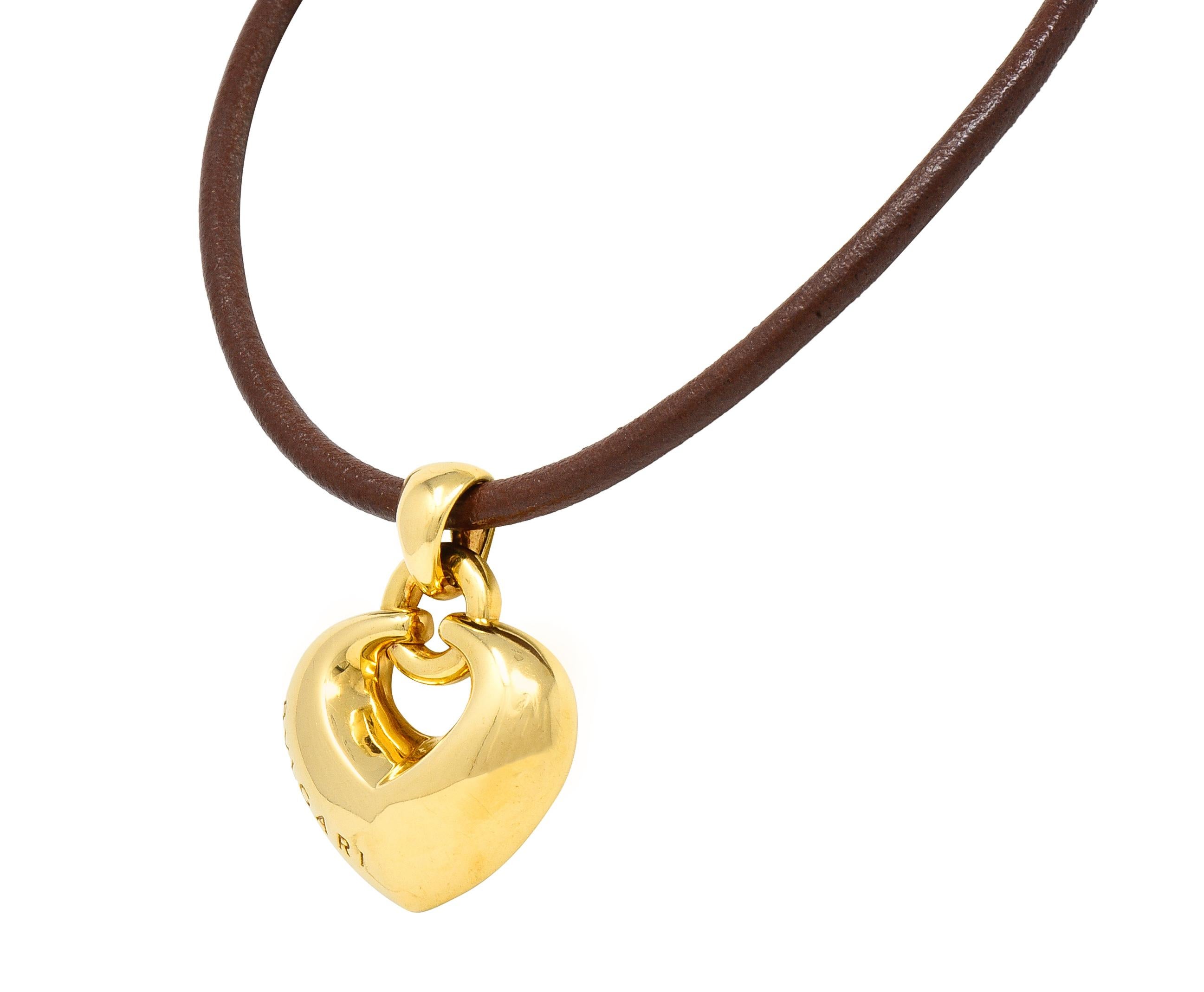 Bulgari 18 Karat Gelbgold Lederkordel-Doppio Cuore Puffed Heart Halskette für Damen oder Herren
