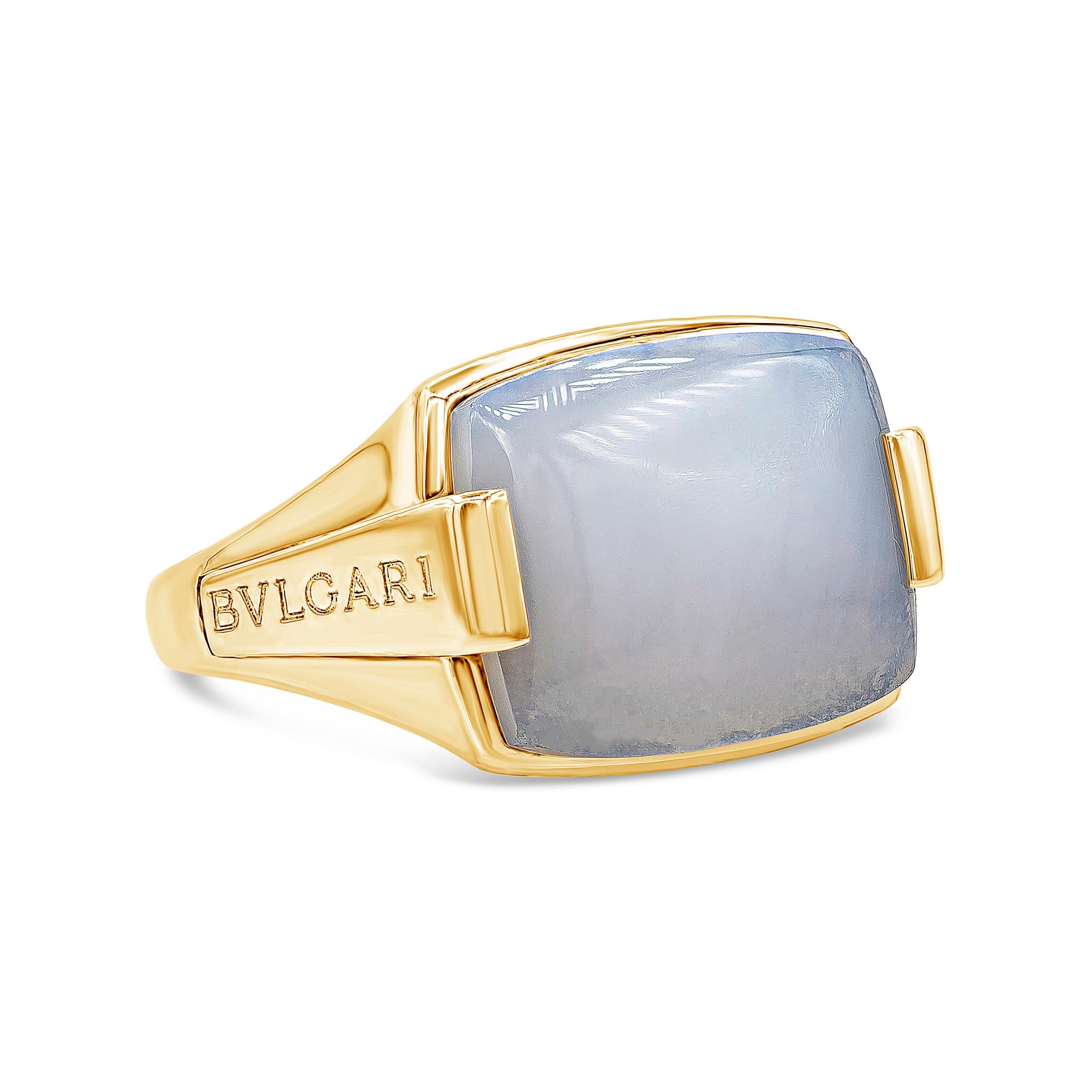 A fashionable ring showcasing a square shape moonstone, set in an everlasting 18 karat yellow gold setting. Made and signed Bulgari. Size 5.5 US (sizable upon request).