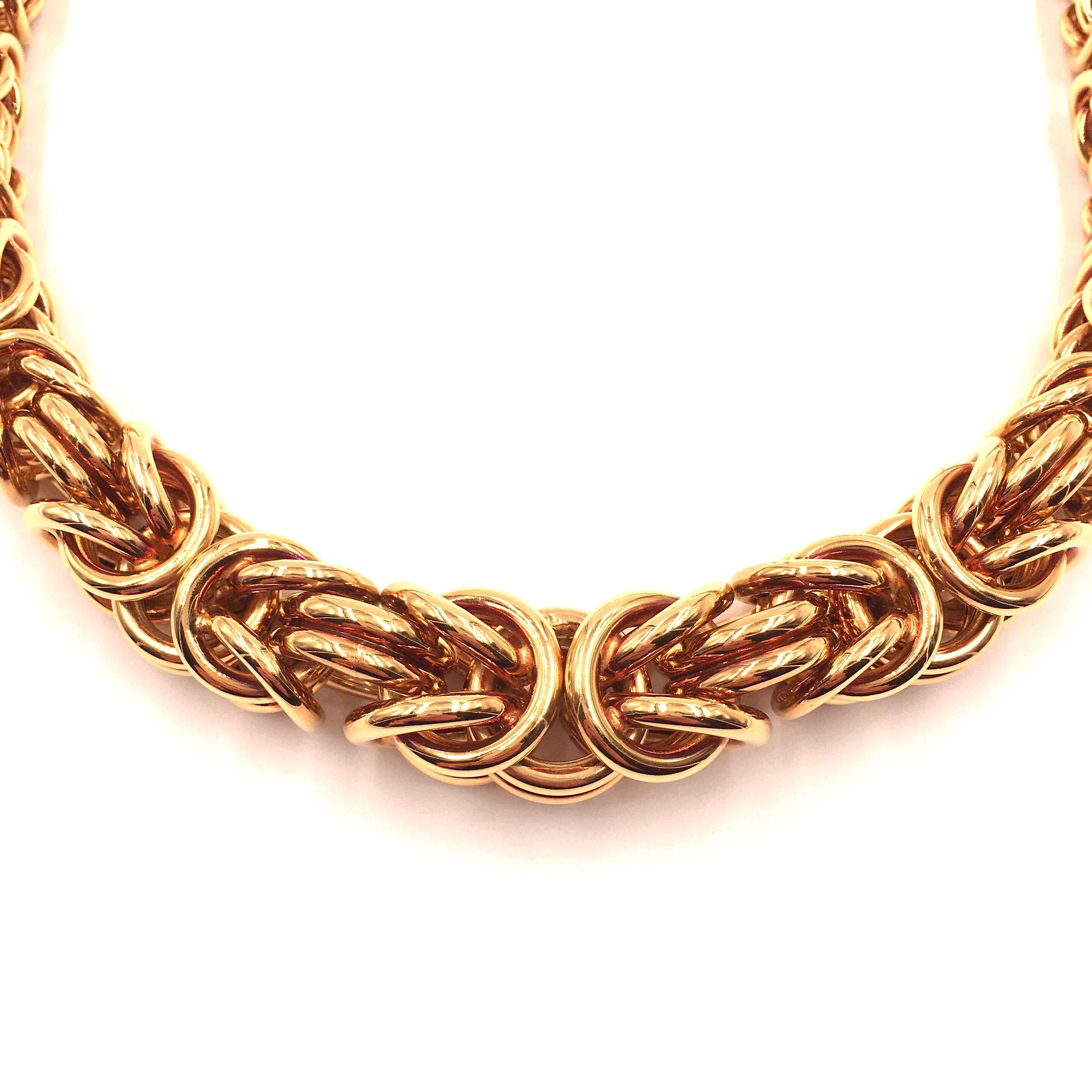 An 18 karat yellow gold necklace, Bulgari.  The necklace formed as a bold graduated Byzantine chain.  Length approximately 17 1/2 inches.  Gross weight approximately 111.60 grams.  Signed Bvlgari. 