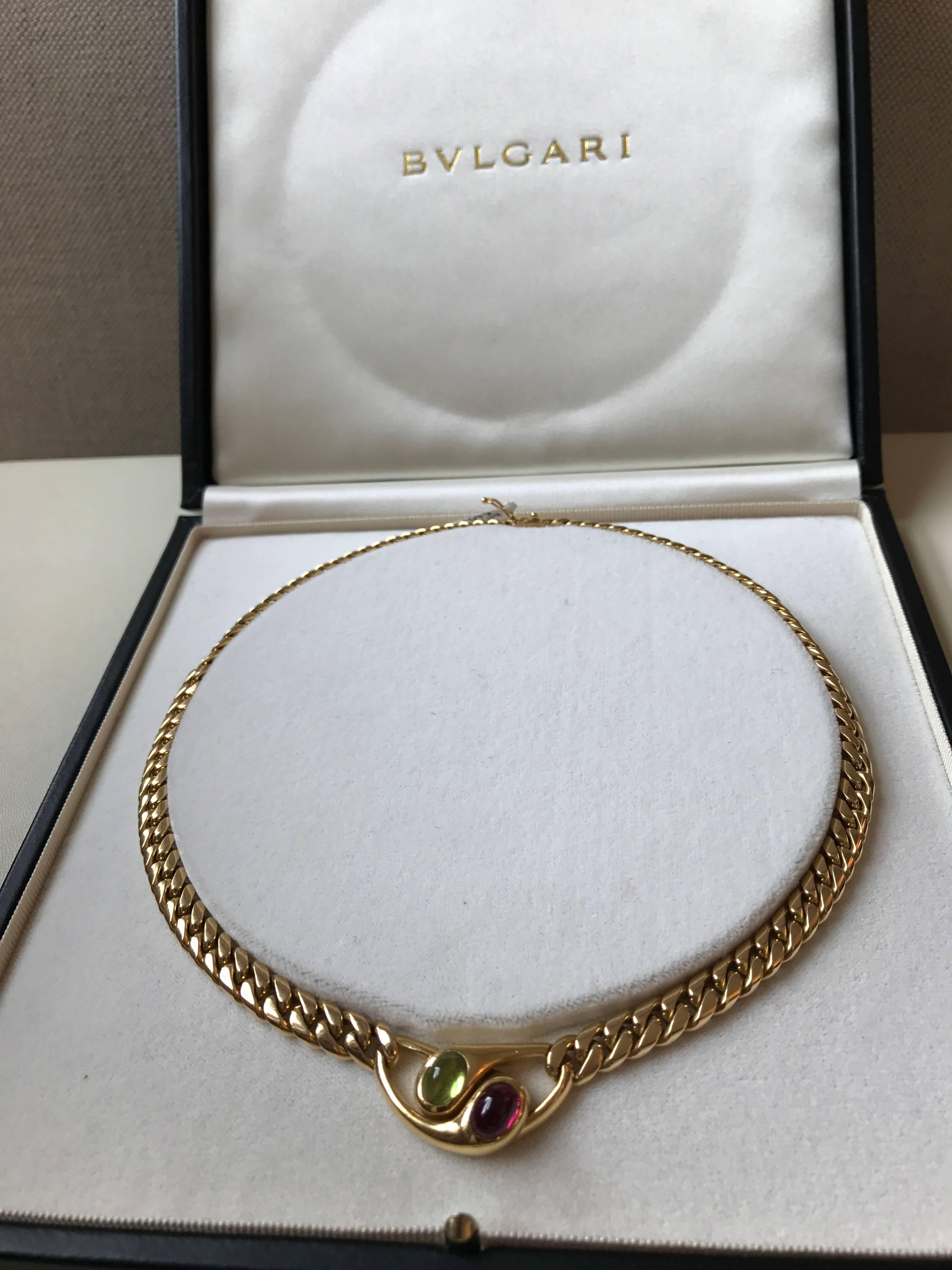 Bulgari 18 Karat Yellow Gold Pink Tourmaline and Peridot Necklace In Excellent Condition In London, GB