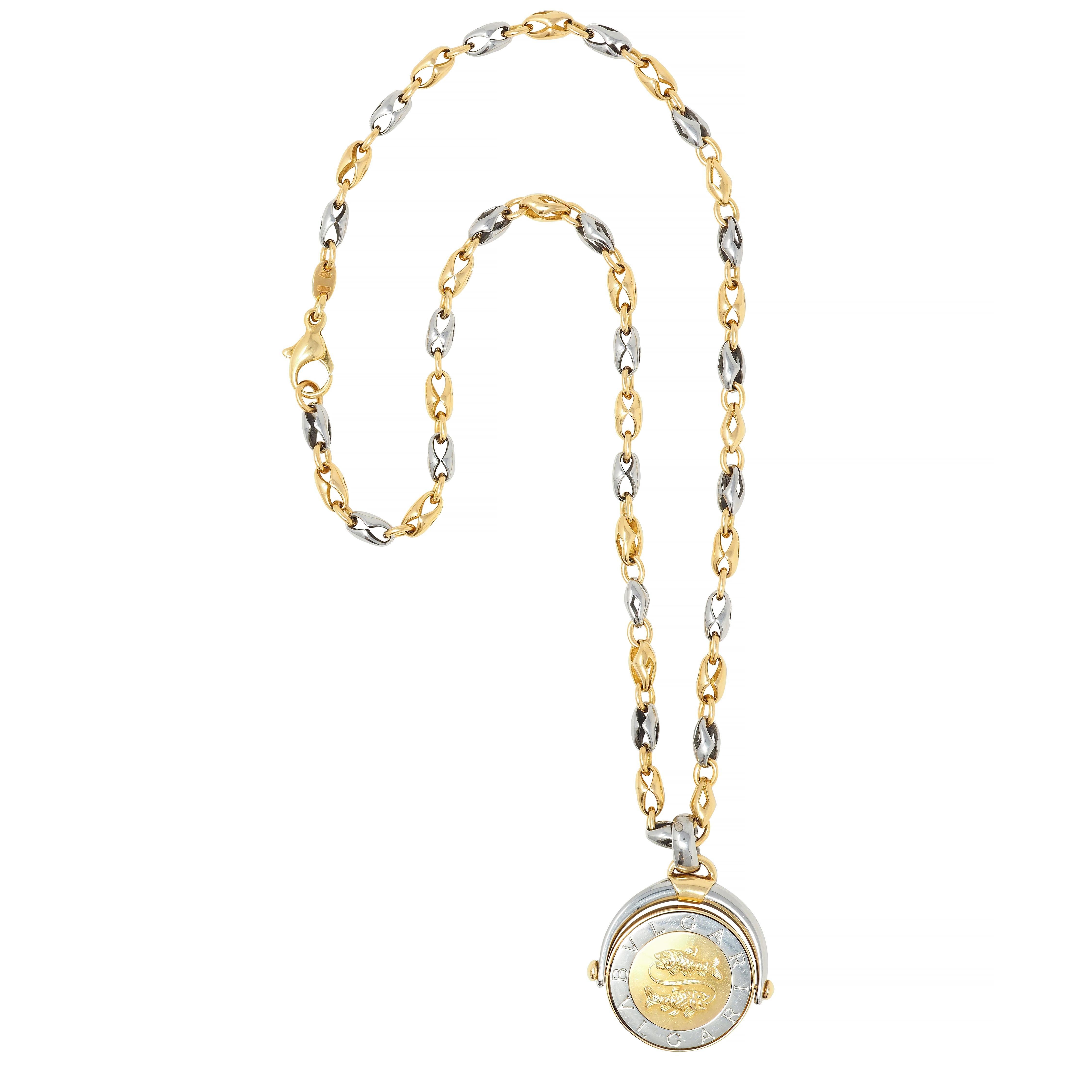 Contemporary Bulgari 18 Karat Yellow Gold Stainless Steel Pisces Zodiac Flip Pendant Necklace For Sale