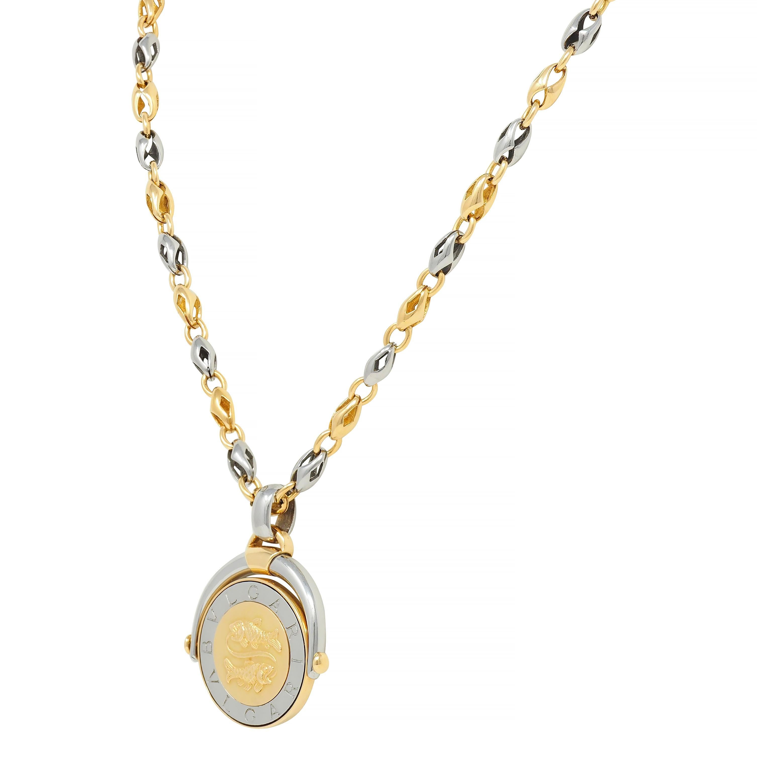 Bulgari 18 Karat Yellow Gold Stainless Steel Pisces Zodiac Flip Pendant Necklace For Sale 2