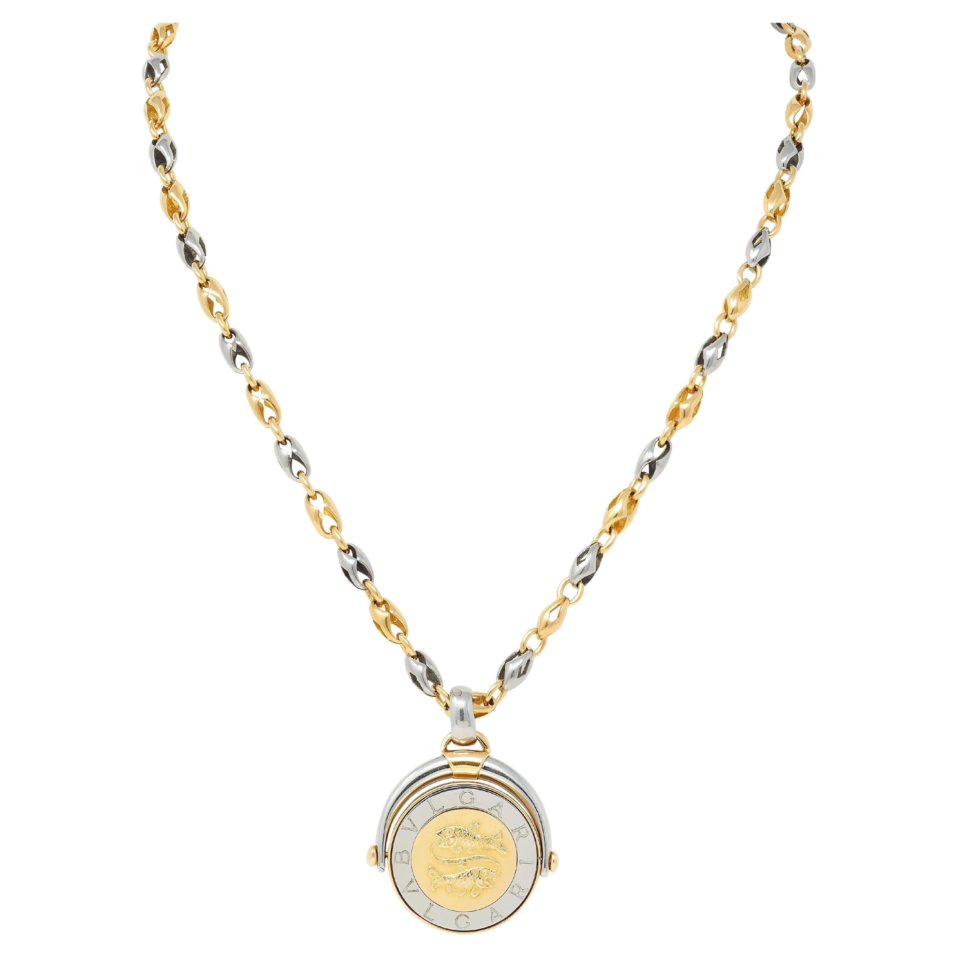 Bulgari 18 Karat Yellow Gold Stainless Steel Pisces Zodiac Flip Pendant Necklace