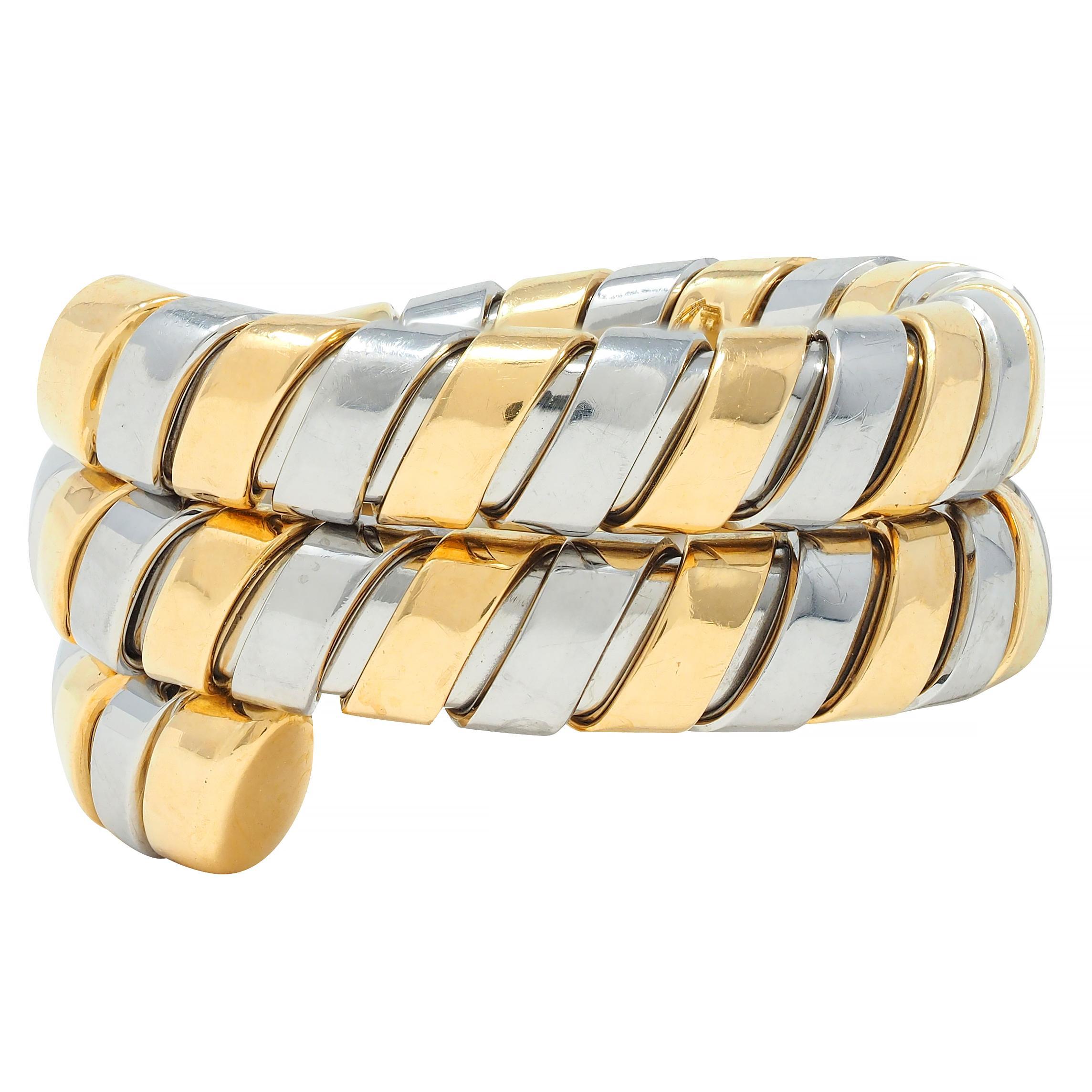 Bulgari 18 Karat Yellow Gold Stainless Steel Vintage Tobogas Serpenti Ring In Excellent Condition For Sale In Philadelphia, PA