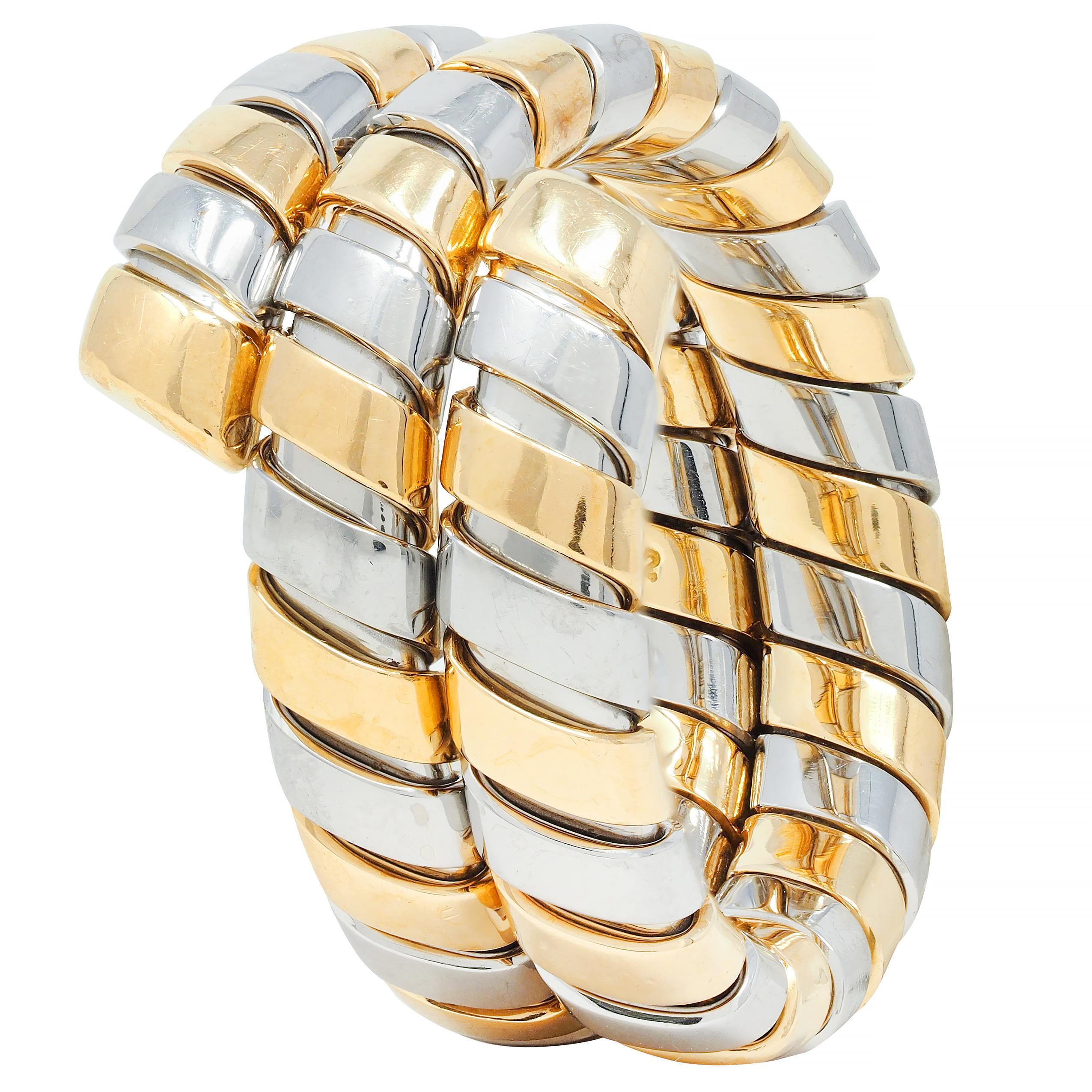 Bulgari 18 Karat Yellow Gold Stainless Steel Vintage Tobogas Serpenti Ring For Sale 2