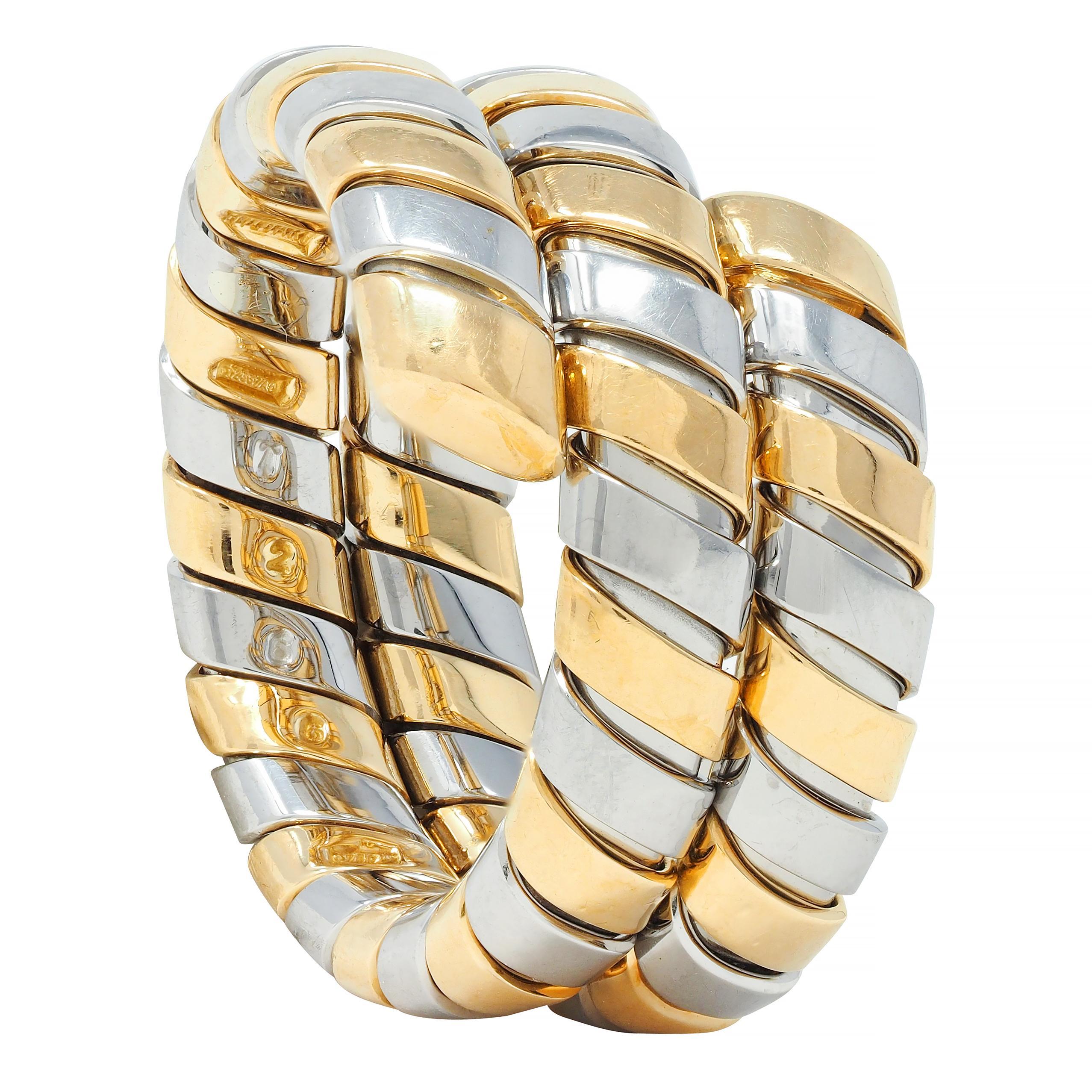 Bulgari 18 Karat Yellow Gold Stainless Steel Vintage Tobogas Serpenti Ring For Sale 4