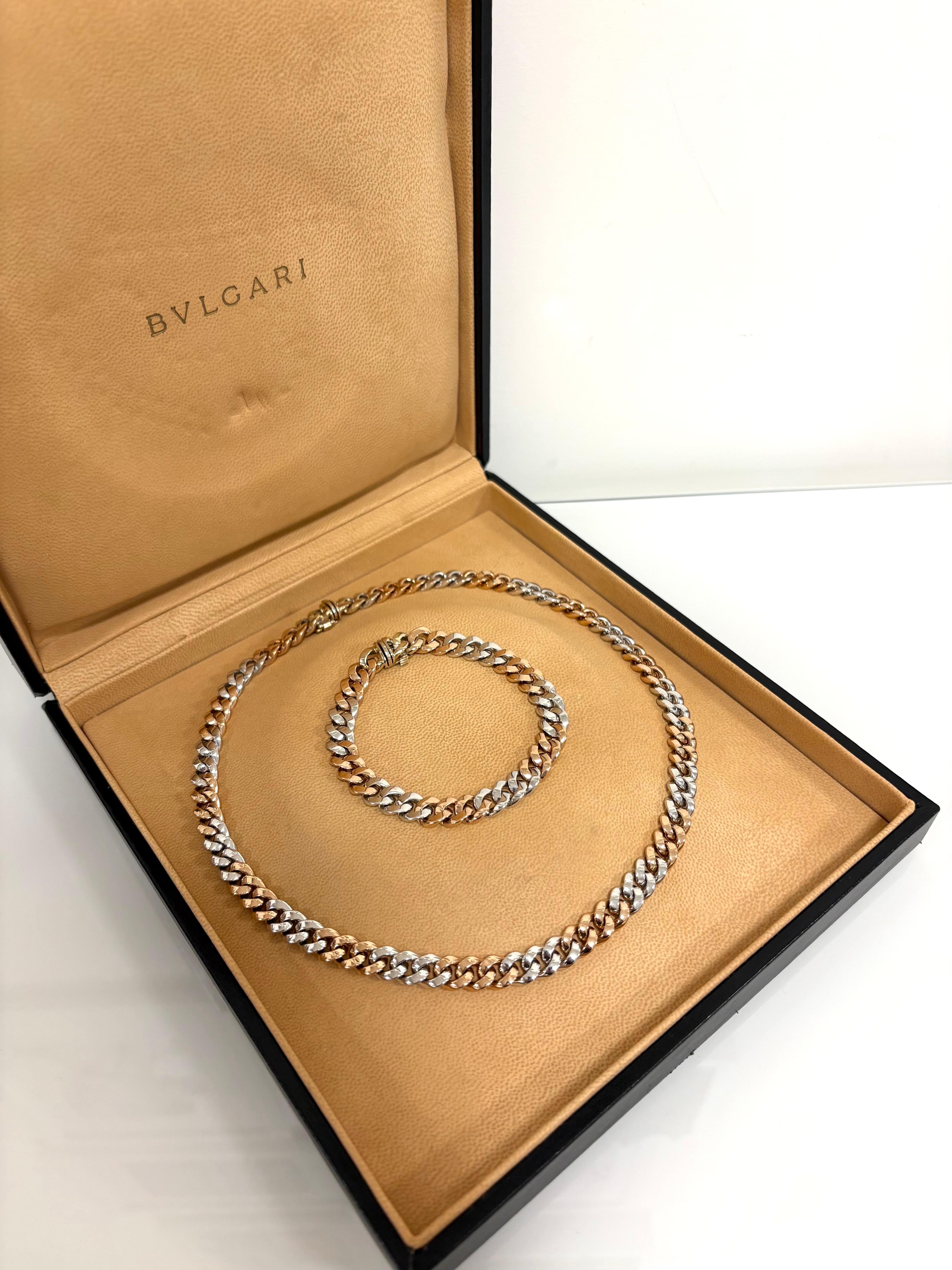 Bulgari 18 Kt. Collar y pulsera Groumette en oro blanco y rosa en Excelente estado para la venta en Rome, IT