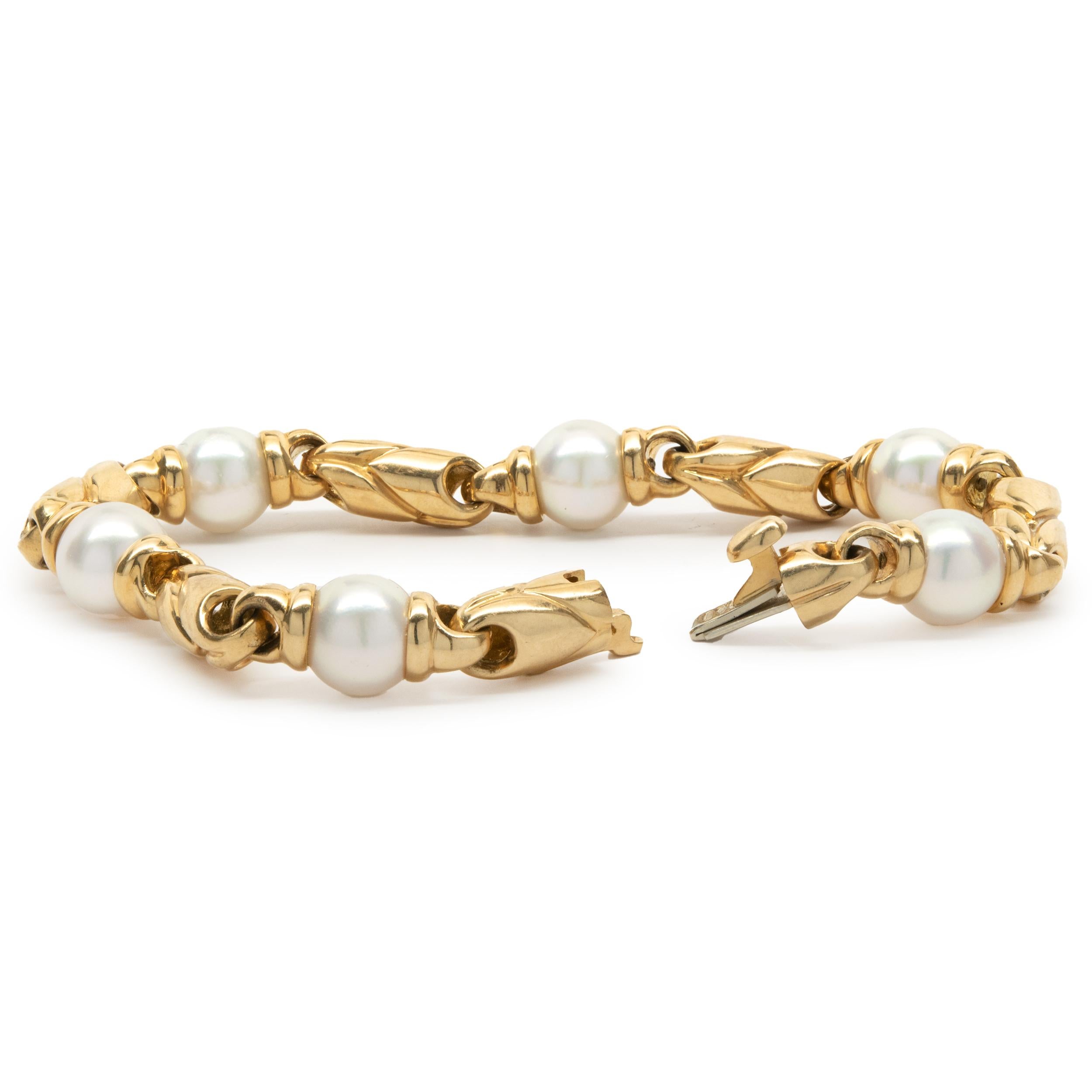 Round Cut Bulgari 18 Yellow Gold Cultured Pearl and Gold Station Bracelet