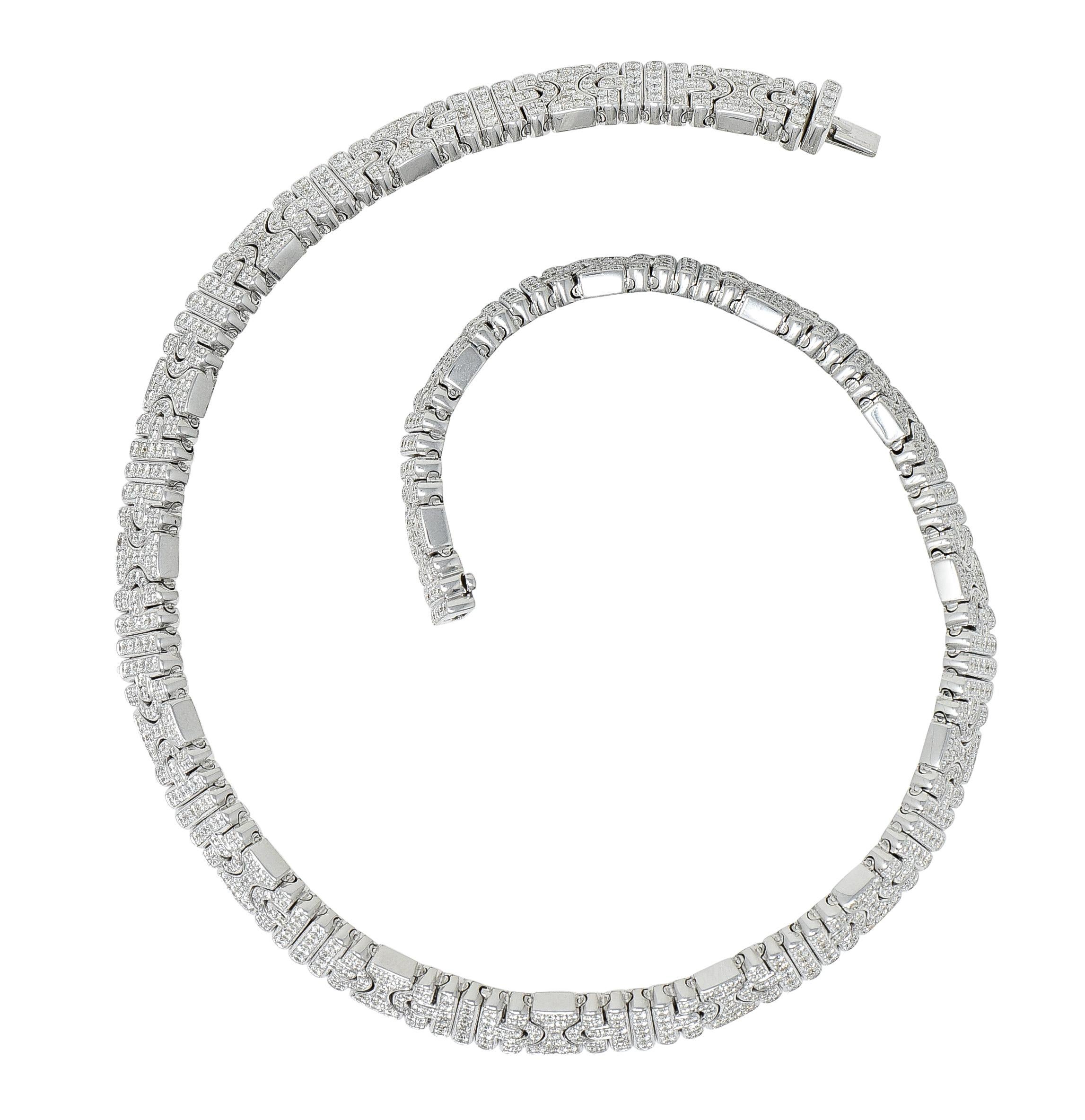 Collar necklace is comprised of the iconic Parentesi motif

Consisting of a seamless pattern of hourglass, arch, and bar links

Pavè set throughout by round brilliant cut diamonds

Weighing in total approximately 18.00 carats - F to H color with