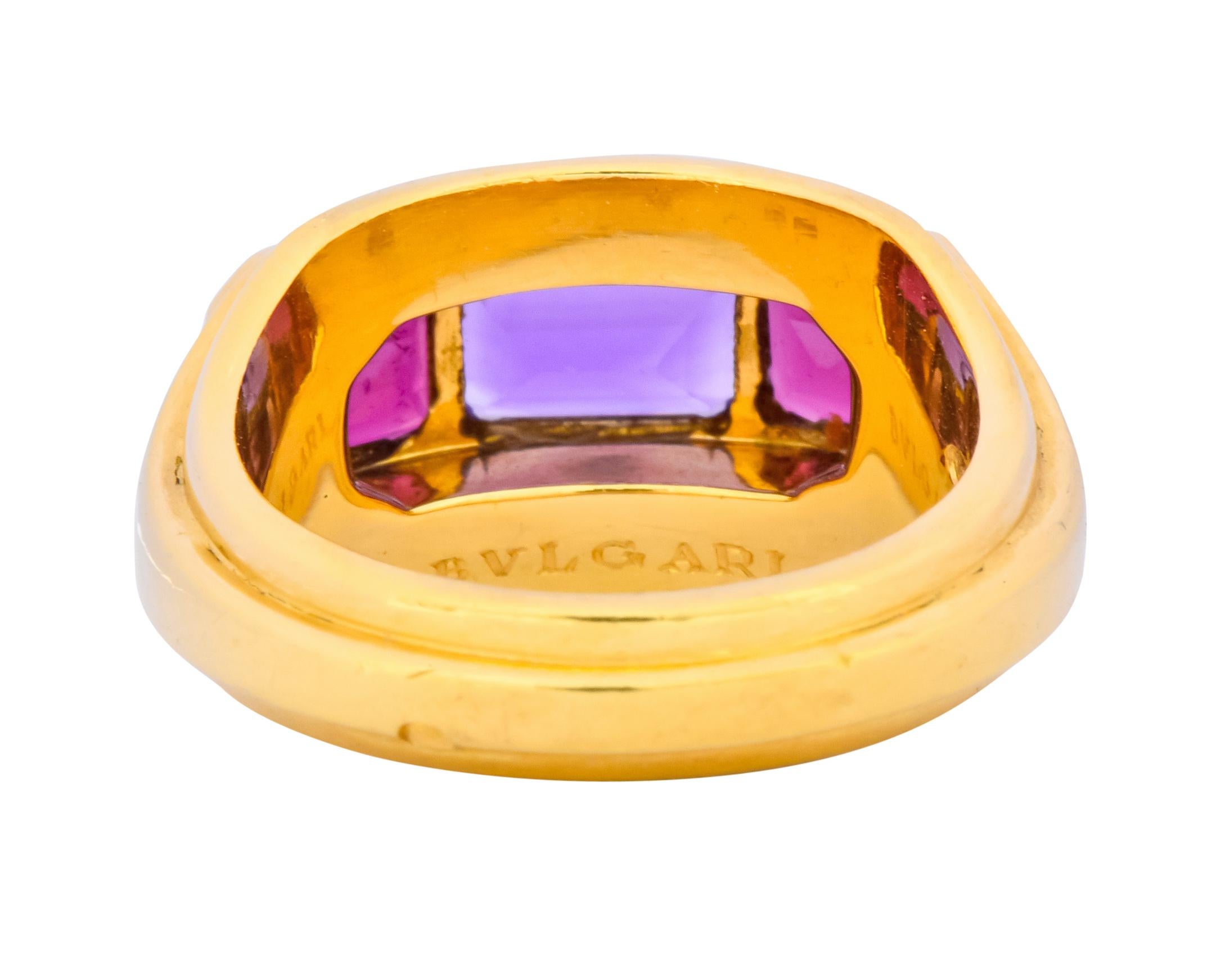 Bulgari 1.88 Carat Tourmaline Amethyst 18 Karat Gold Italian Band Ring In Excellent Condition In Philadelphia, PA