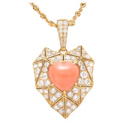Bulgari 18k Coral and Diamond Heart Necklace and Chain
