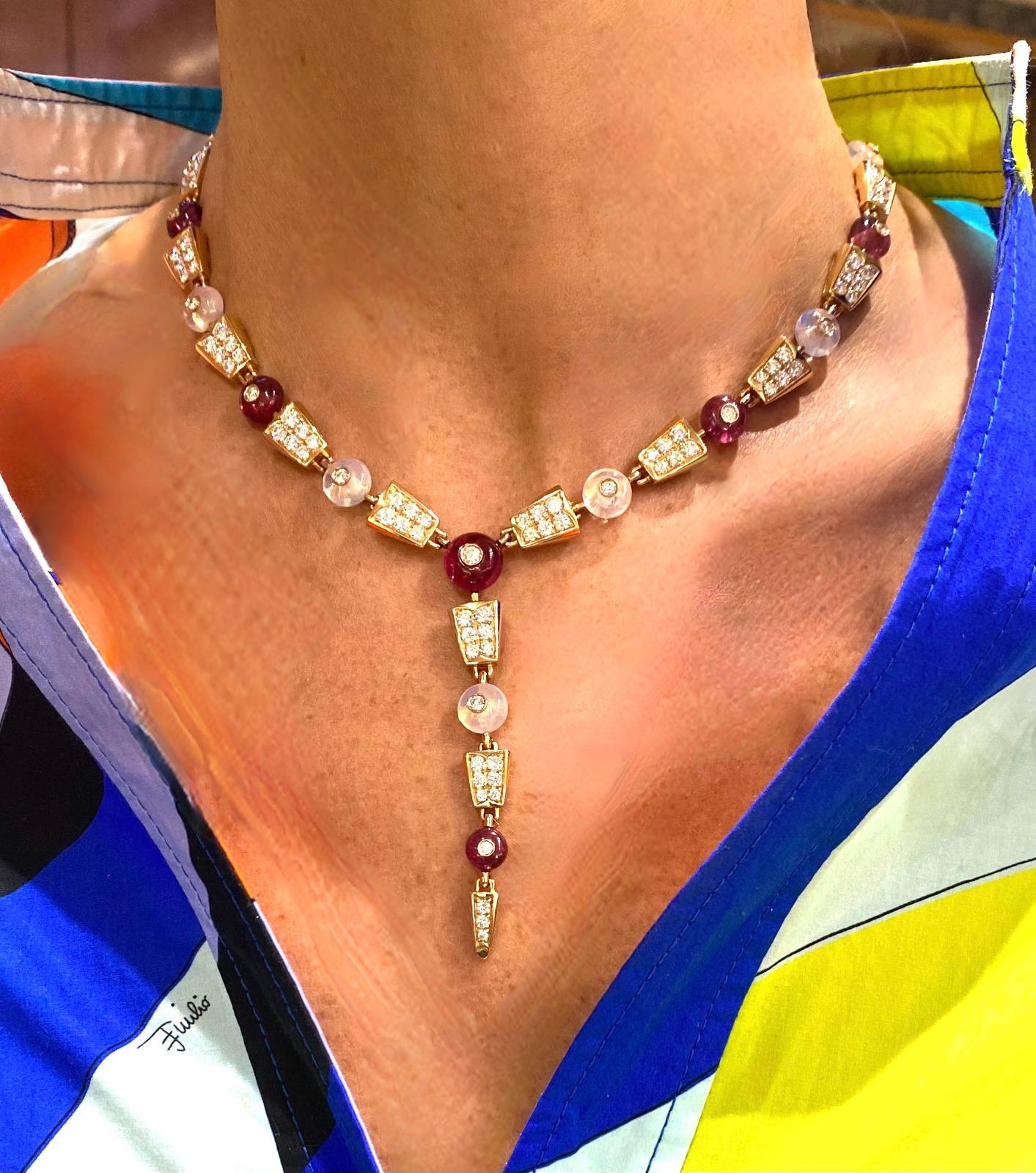 Women's or Men's Bulgari 18K Rose Gold Diamond & Rubellite & Quartz Necklace