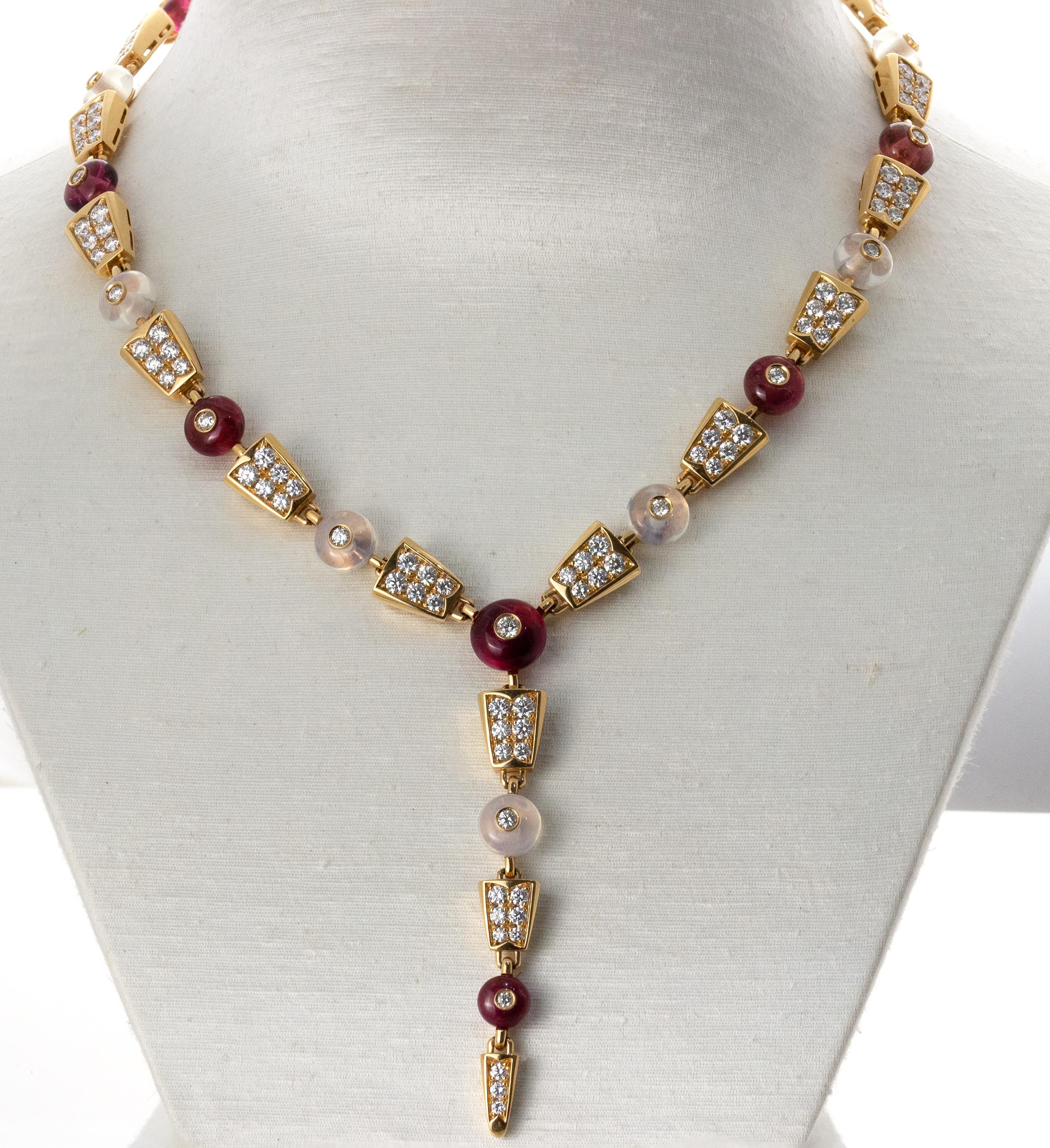 Brilliant Cut Bulgari 18K Rose Gold Diamond & Rubellite & Quartz Necklace