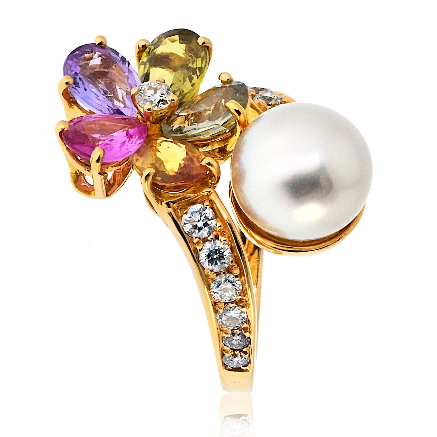 Anillo Contraire Bulgari de Oro de 18 K, Perla Cultivada, Zafiro y Diamante Moderno