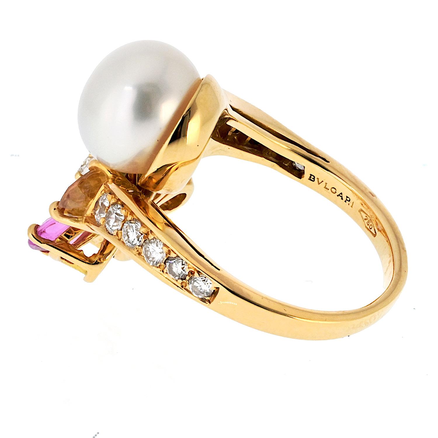 Anillo Contraire Bulgari de Oro de 18 K, Perla Cultivada, Zafiro y Diamante Corte redondo