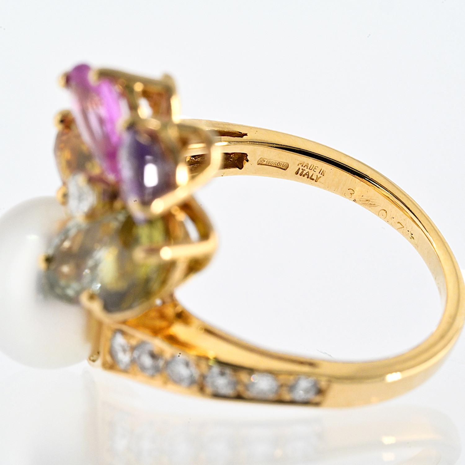 De las mujeres Anillo Contraire Bulgari de Oro de 18 K, Perla Cultivada, Zafiro y Diamante