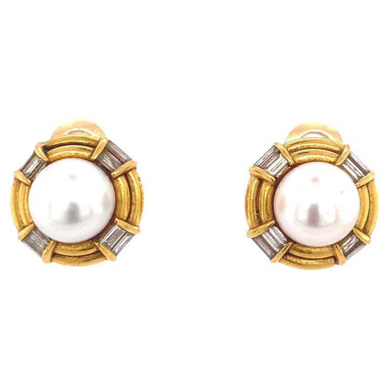 Bulgari 18k Gold Diamond and Cultured Pearl Earrings For Sale