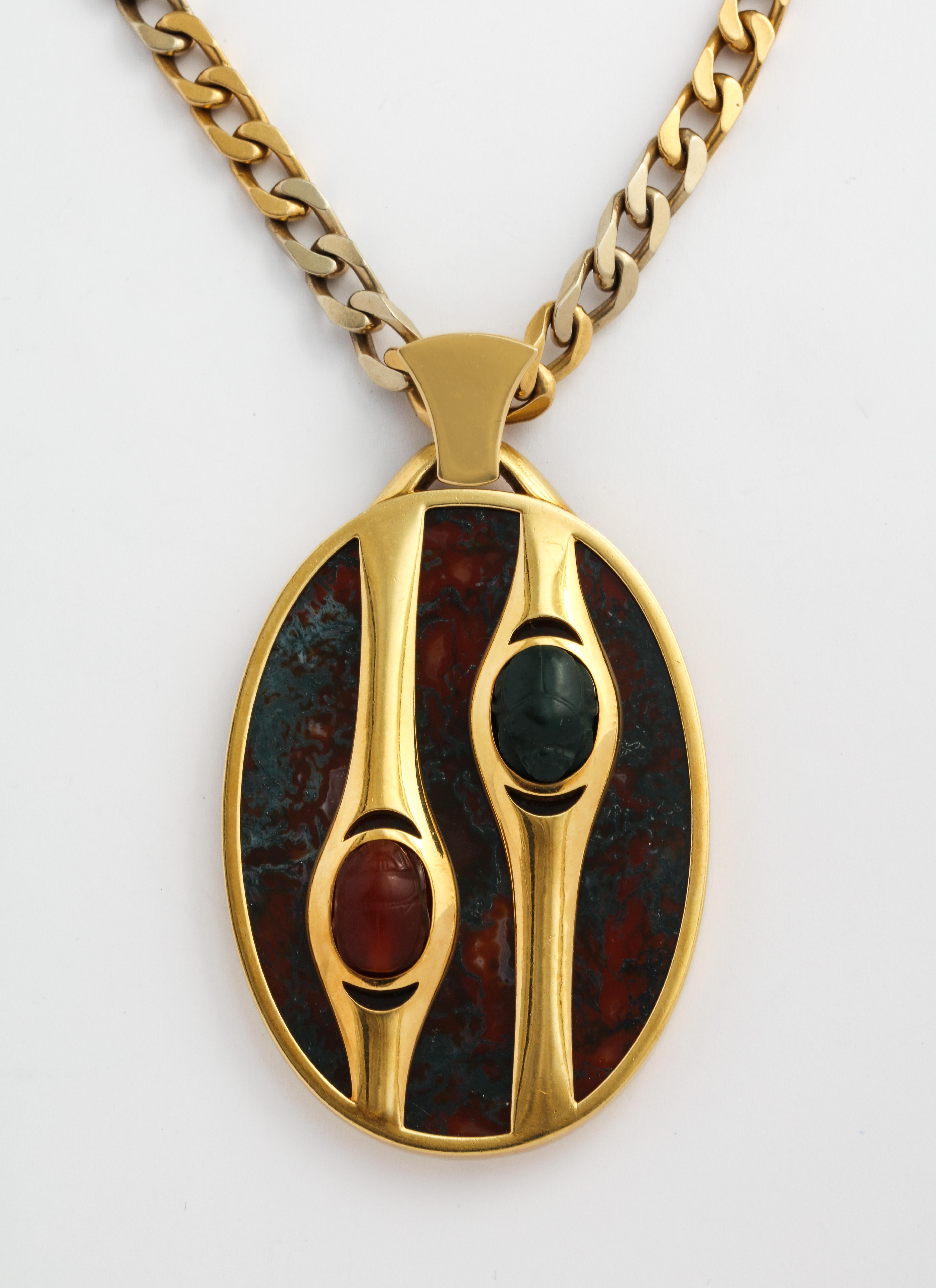 Bloodstone (Agate) plaque and matching carved scarabs hang from this 32