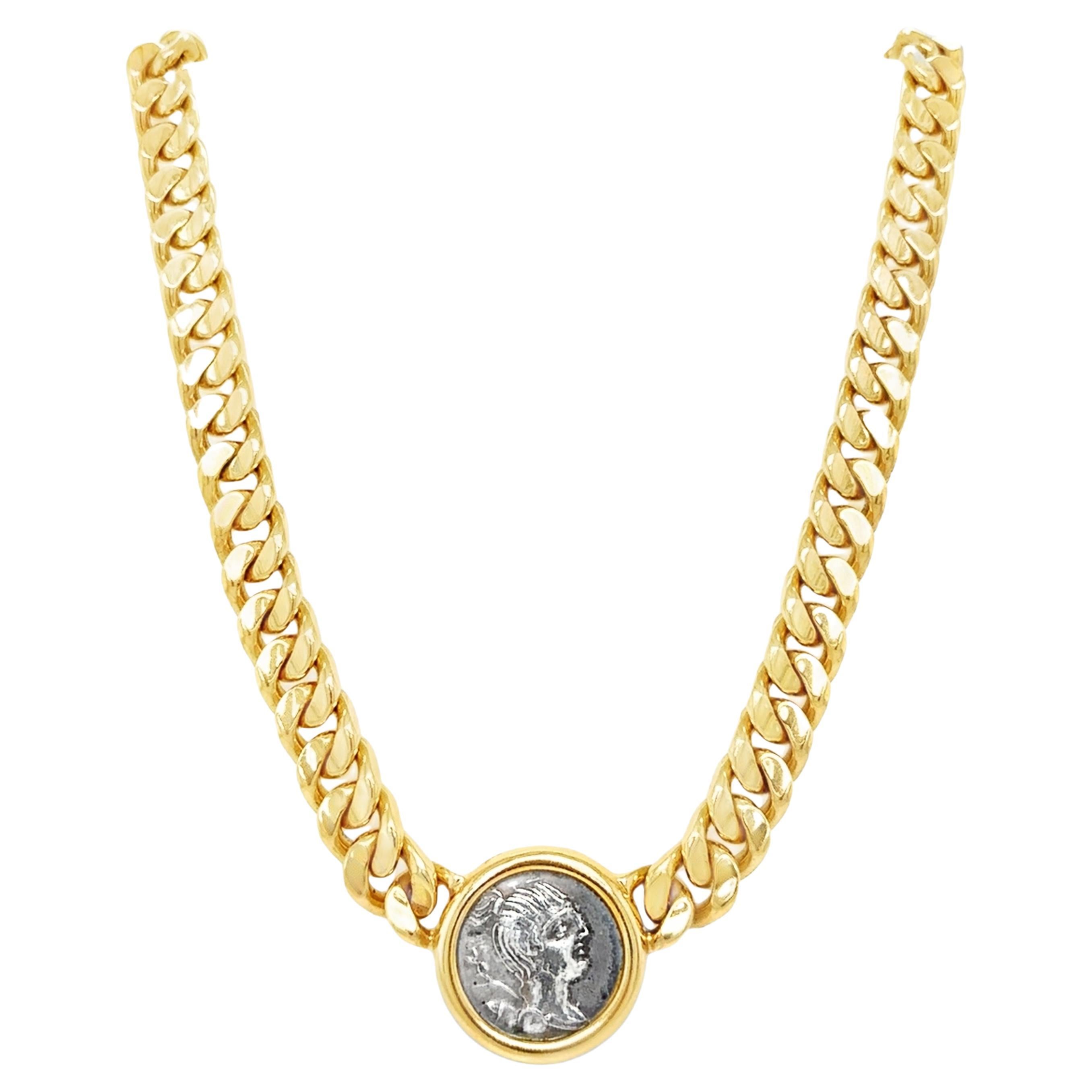 Collana "Monet" in oro 18 carati di Bulgari con moneta d'argento dell'antica Roma Circa 1980 in vendita
