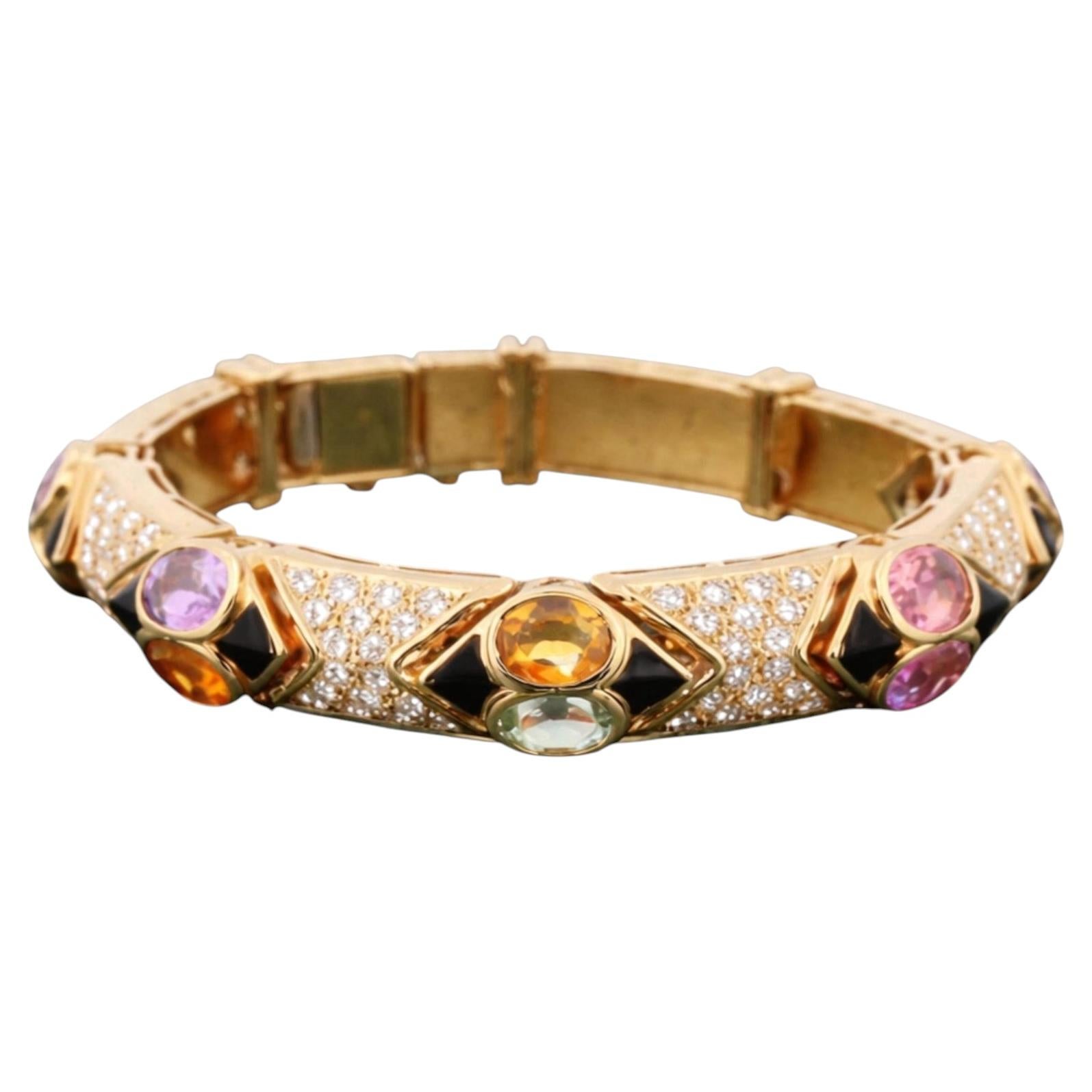 Pre-owned Bulgari 18k Gold Multicolor Sapphire Diamond Geometric Bracelet In Blue