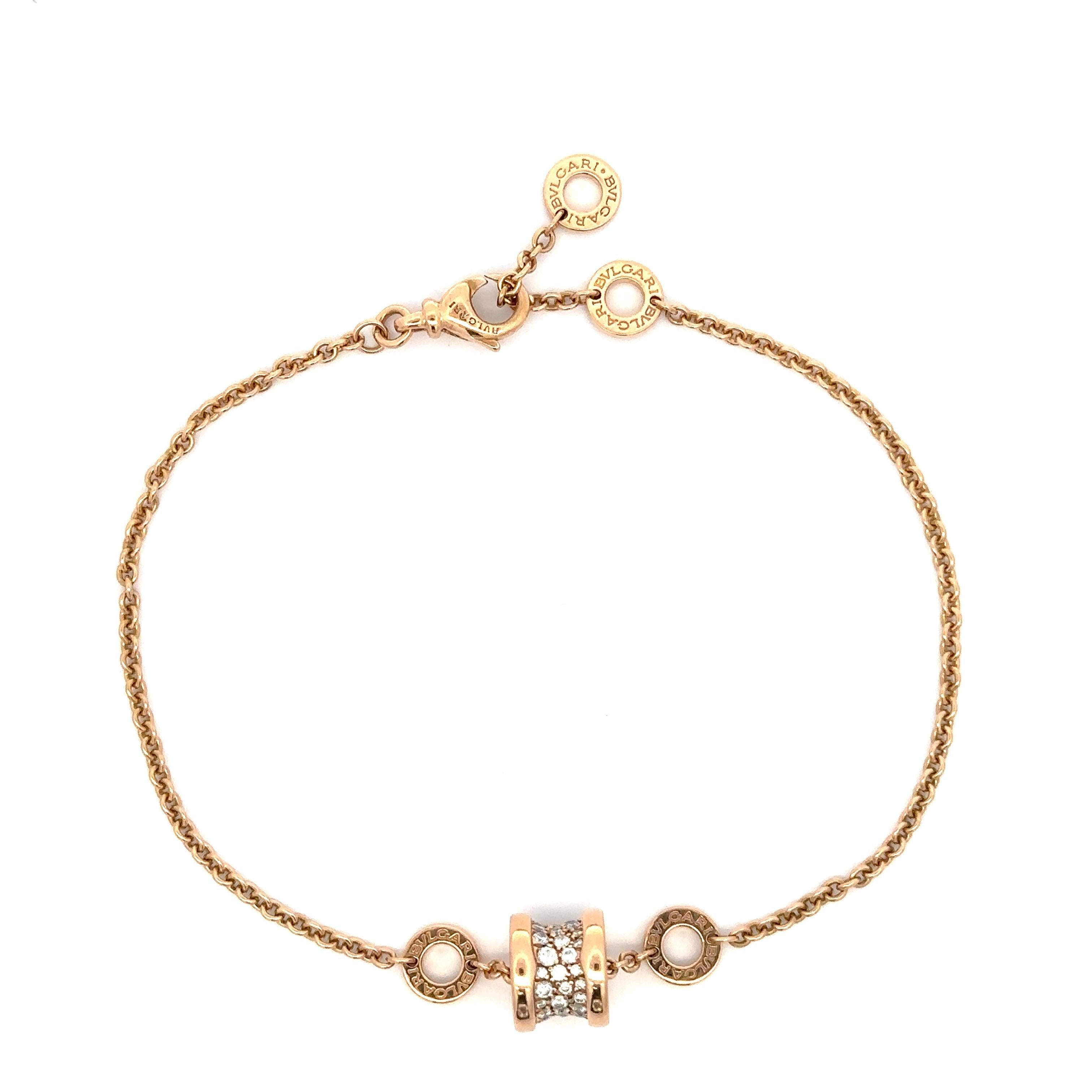 Brilliant Cut Bulgari 18k Rose Gold Diamond B.Zero1 Adjustable Link Chain Bracelet size M/L