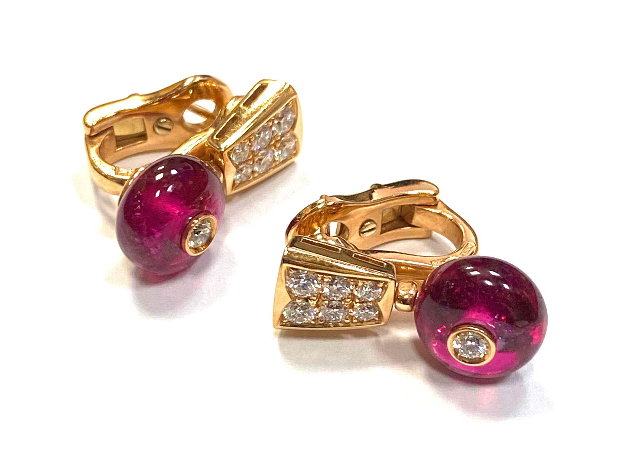 Women's or Men's Bulgari 18K Rose Gold Diamond & Rubellite Earrings