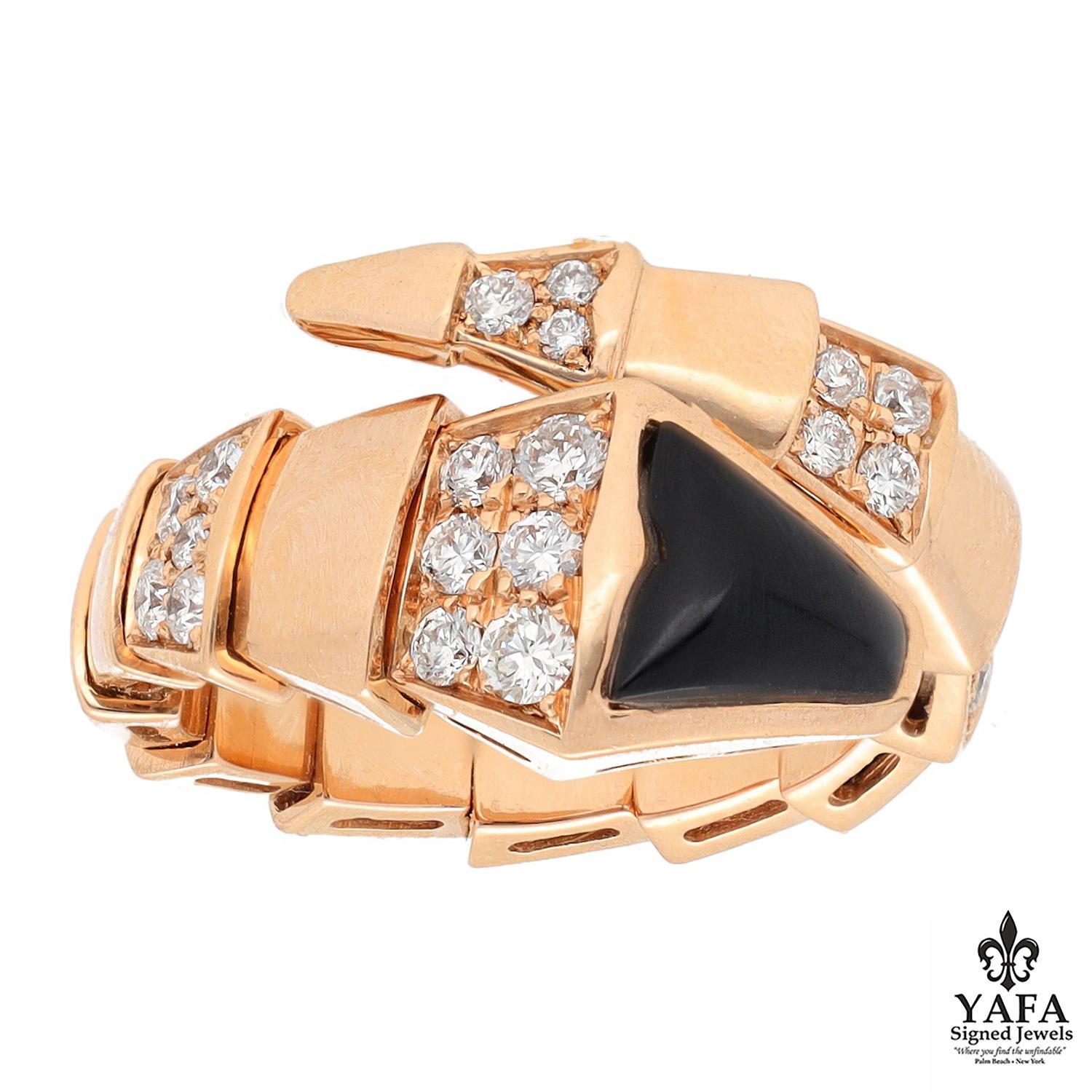 Serpenti Viper One-Coil 18K Rose Gold Ring Set with Pave Diamonds and a Black Onyx Element on the Head.

Size - 50 / 5.25
Size Stamp - S
Made in Italy

Signed - BVLGARI