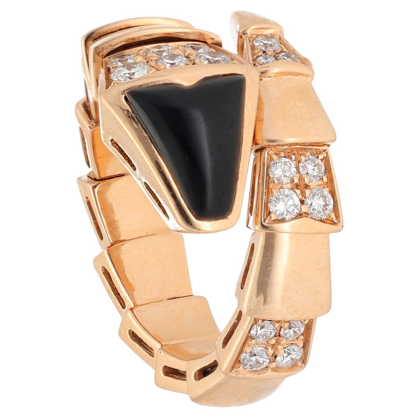 BULGARI 18K Rose Gold Onyx and Diamond Serpenti Ring For Sale