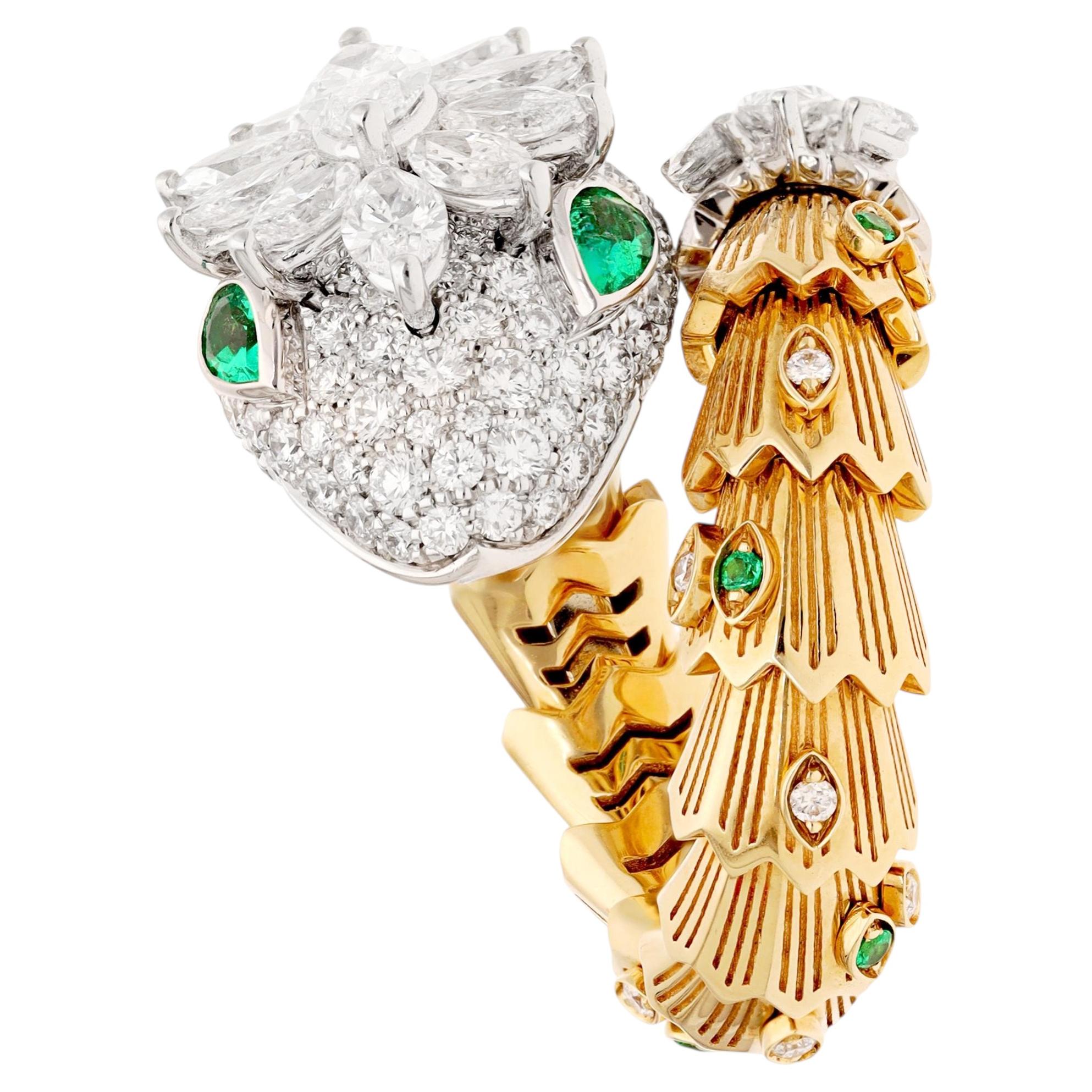 BULGARI 18K Two Tone Diamond and Emerald Serpenti Ring