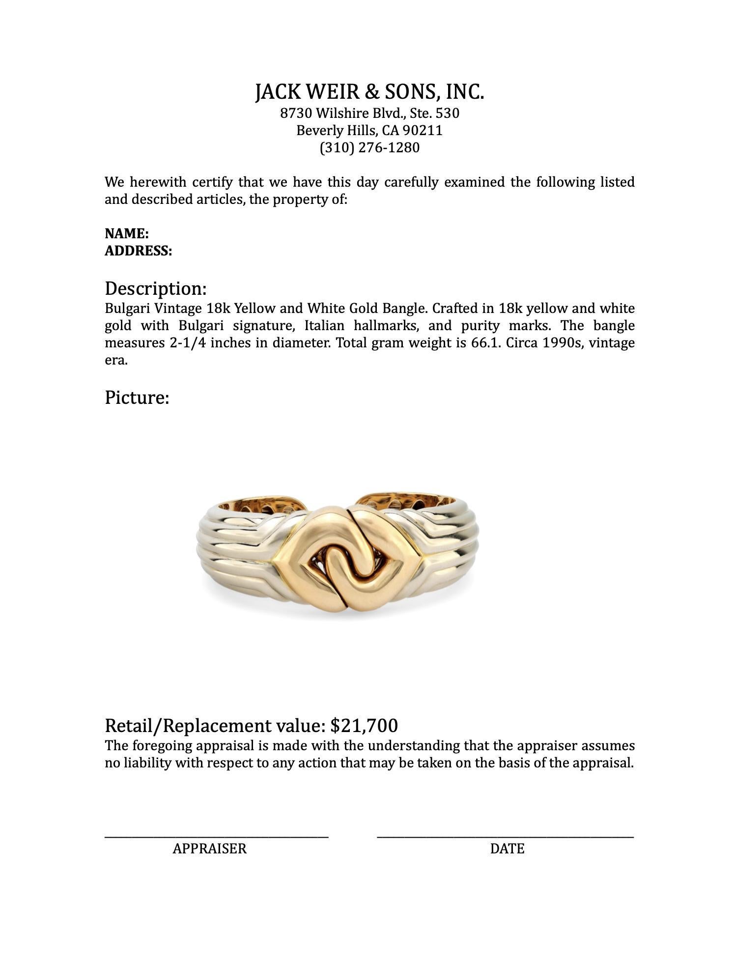 Bulgari 18k white and yellow gold cuff bracelet In Excellent Condition In Beverly Hills, CA