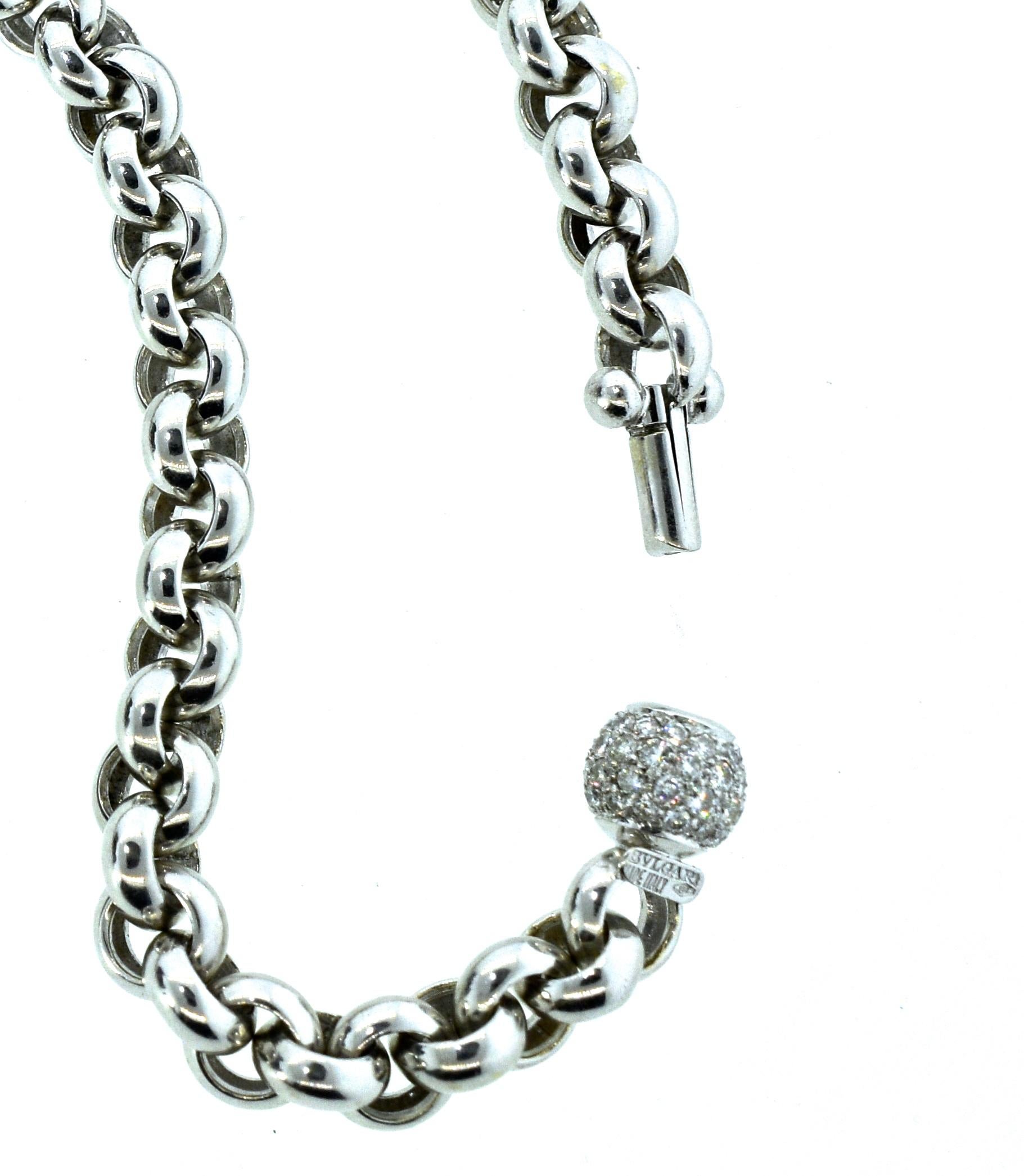 Bulgari diamond and 18K white gold chain necklace, the clasp is a diamond pave ball clasp with over 50 brilliant cut very fine white diamonds amounting to approximately 1.30 cts.  86.35 grams and 17 inches long.  Please note that our model has a