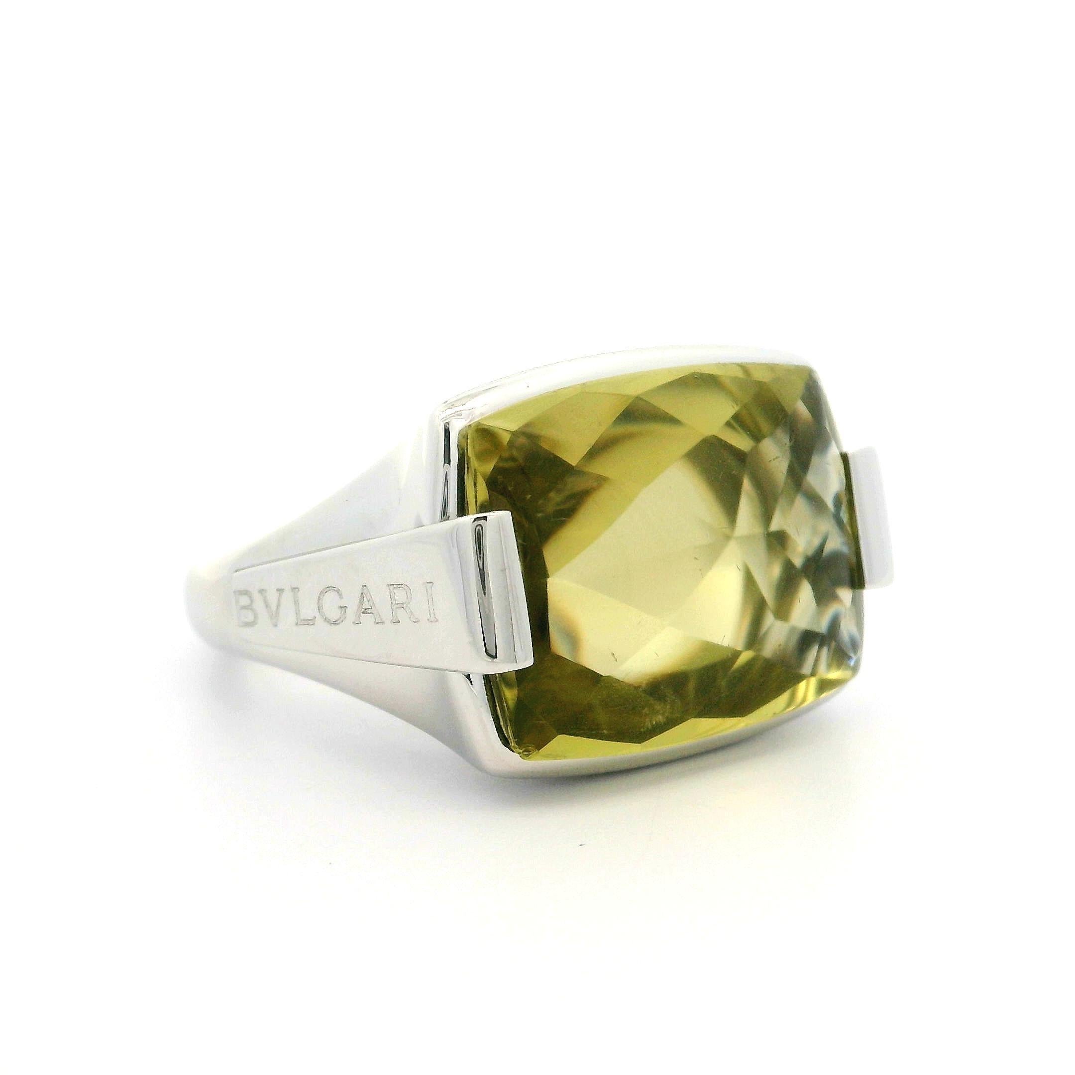 Bulgari 18k White Gold Buff-Top Bezel Lemon Quartz Metropolis Solitaire Ring For Sale 5