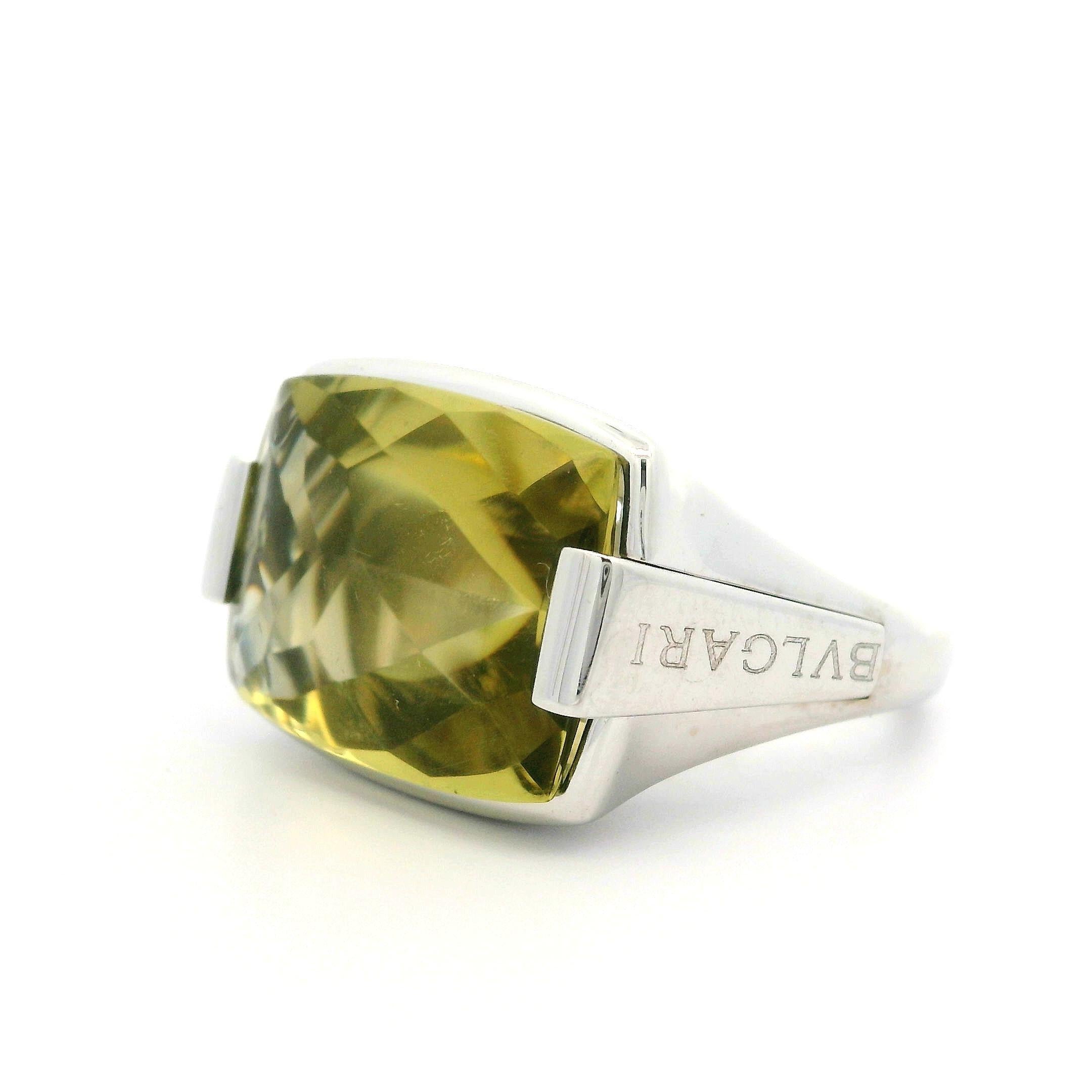 Bulgari 18k White Gold Buff-Top Bezel Lemon Quartz Metropolis Solitaire Ring For Sale 8