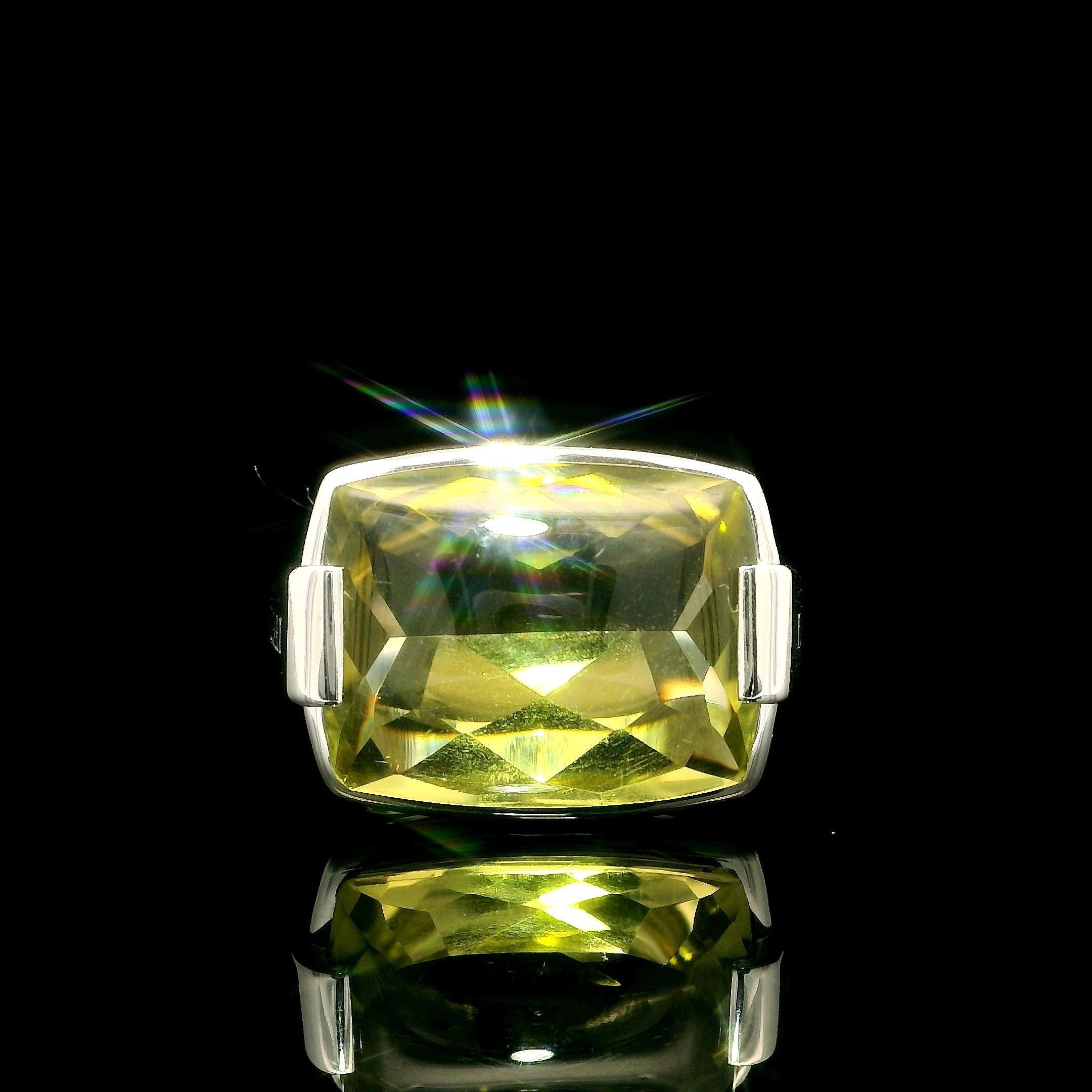 Cushion Cut Bulgari 18k White Gold Buff-Top Bezel Lemon Quartz Metropolis Solitaire Ring For Sale