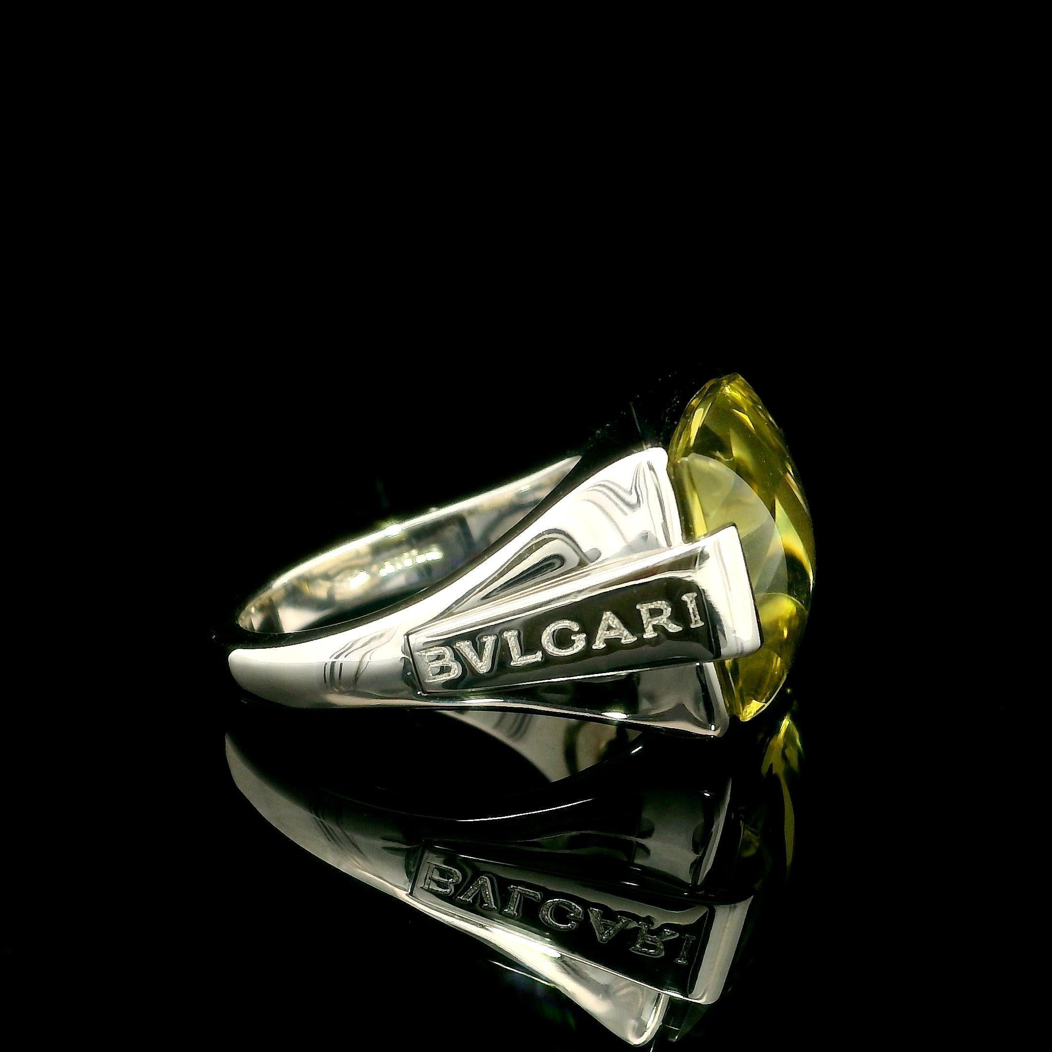 Women's Bulgari 18k White Gold Buff-Top Bezel Lemon Quartz Metropolis Solitaire Ring For Sale