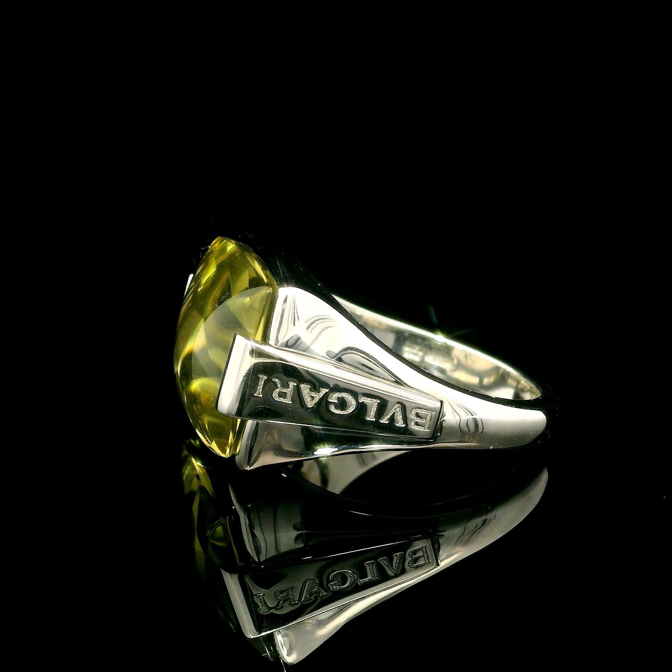 Bulgari 18k White Gold Buff-Top Bezel Lemon Quartz Metropolis Solitaire Ring For Sale 2